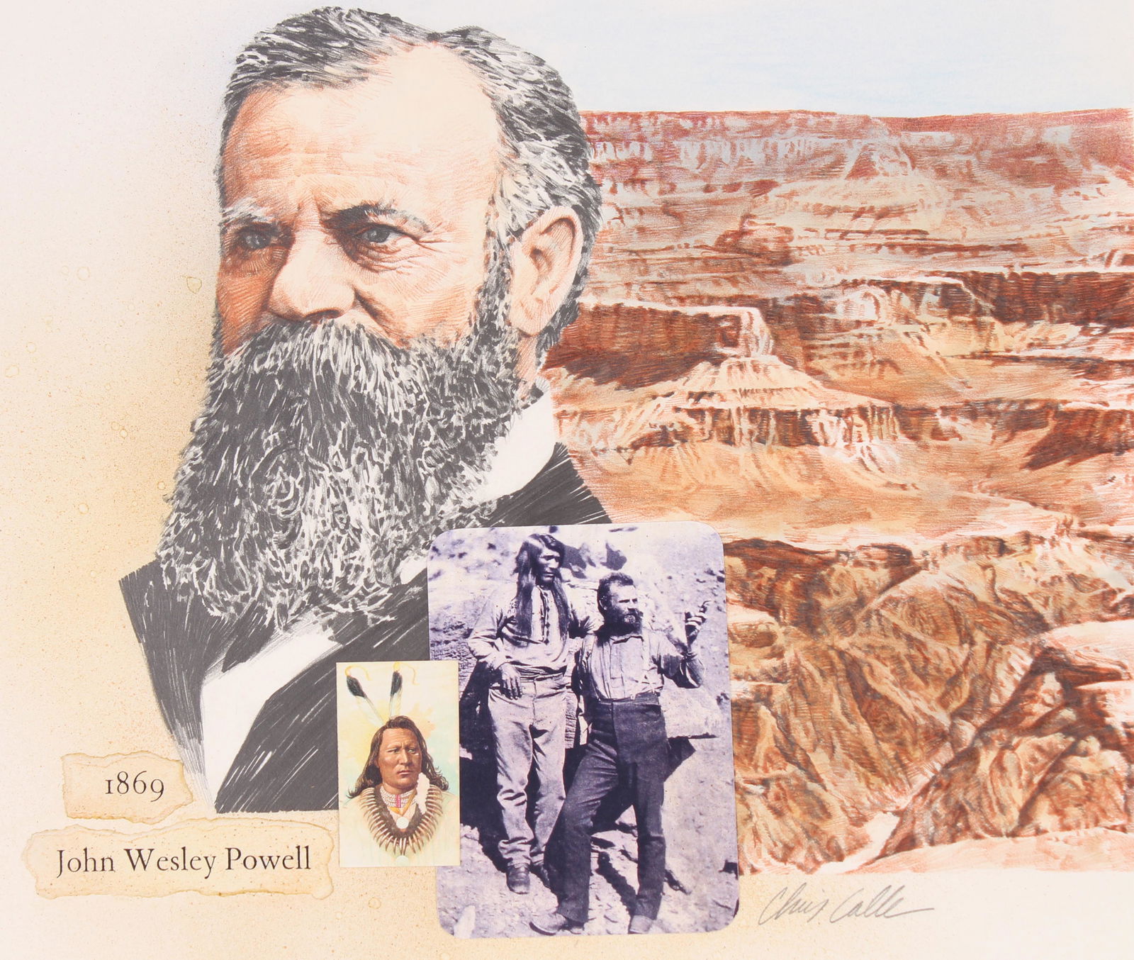 Chris Calle (B. 1961) "View of Grand Canyon" W/C: Chris Calle (American, B. 1961) "America - View of Grand Canyon" Signed lower right. Original Mixed Media painting on Illustration Board. Provenance: Collection of James A. Helzer (1946-2008), Founder