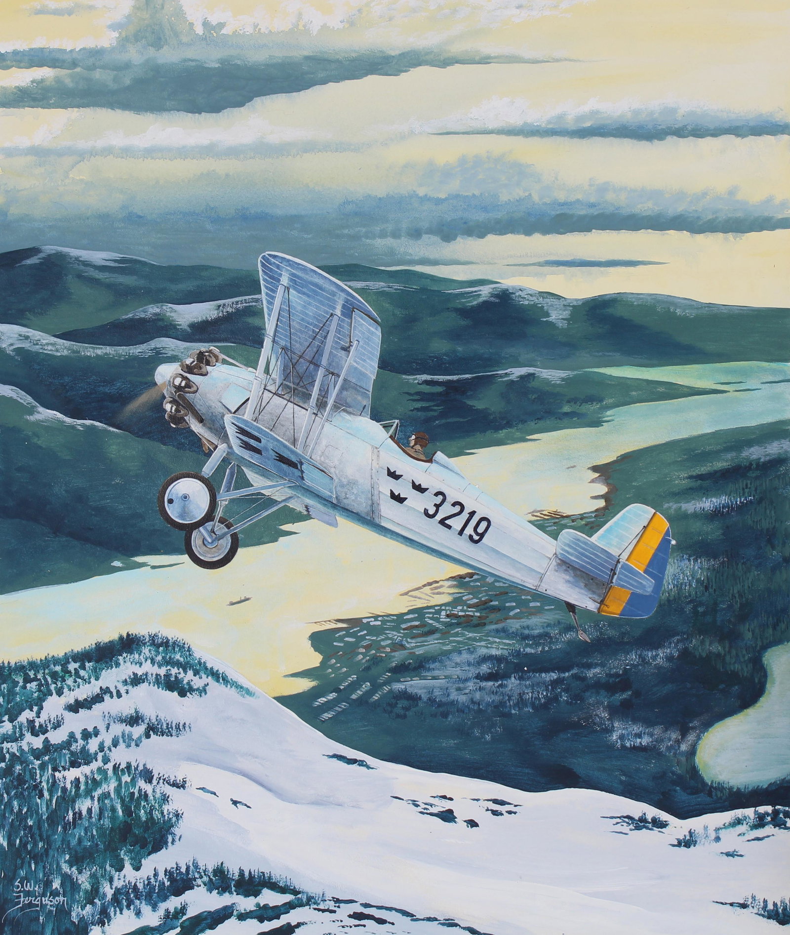 Steve Ferguson (B. 1946) "J6B Gerfalcon" Oil: Steve Ferguson (American, B. 1946) "J6B Gerfalcon" Signed lower left. Original Mixed Media on Cold Press Illustration Board. Provenance: Collection of James A. Helzer (1946-2008), Founder of Unicover