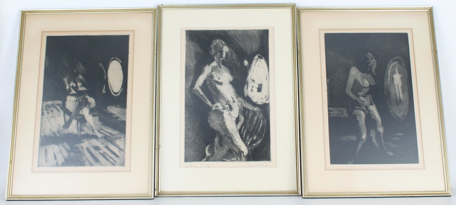 (3) Frank Rampolla (1931 - 1971) Woodcuts: (3) Frank Rampolla (Florida, 1931 - 1971) Woodcuts. Each pencil signed and dated ('61) lower right. Each pencil titled and numbered lower left. Image Sizes: 14 x 9 in. Overall Framed Sizes: 20.25 x 14