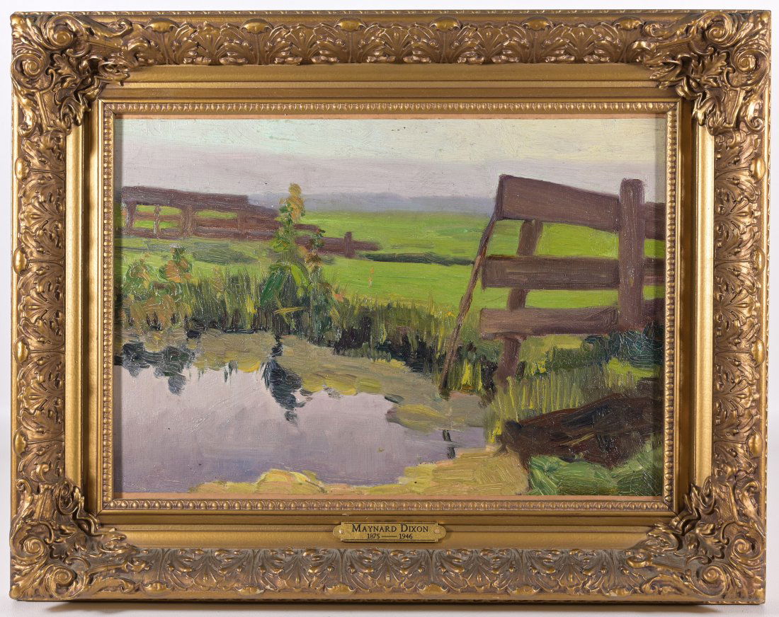 Attributed to Maynard Dixon (1875-1946): Attributed to Maynard Dixon (1875-1946)The Watering Hole.Oil on canvas, mounted on board. Unsigned. Sight size: 9.75 x 14.125 inches.Overall framed size: 14.5 x 18.5 inches.