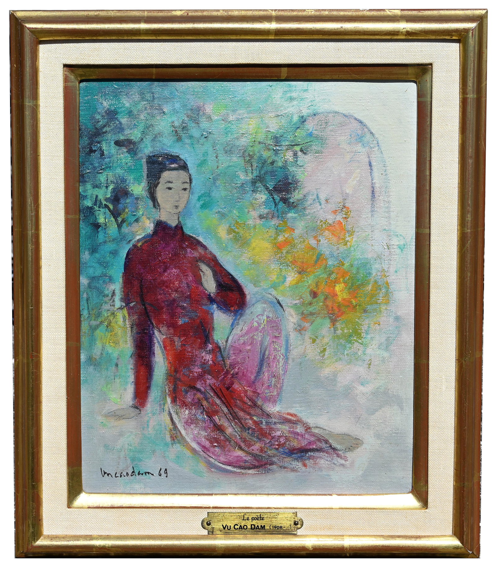 Vu Cao Dam (Vietnam, 1908 - 2000) "La Poete": Vu Cao Dam (Vietnam, 1908 - 2000) "La Poete" 1969 Signed and dated ('69) lower left. Inscribed verso on canvas. Oil on Canvas. Wally Finley Galleries label. Provenance: Important Private Collection, N