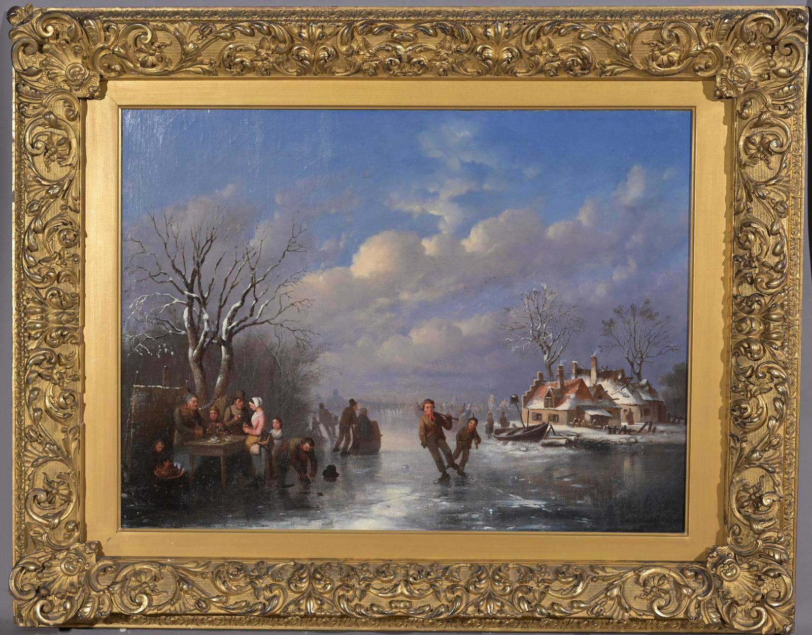 Johann Culverhouse (1820/25 - 1891/95) "Skaters": Johann Mongels Culverhouse (American/Dutch, 1820/25 - 1891/95) "Skaters" Oil on Canvas. Signed and dated lower right. 'R.H. Love Galleries' labels verso. Sight Size: 21 x 28.5 in. Overall Framed Size: