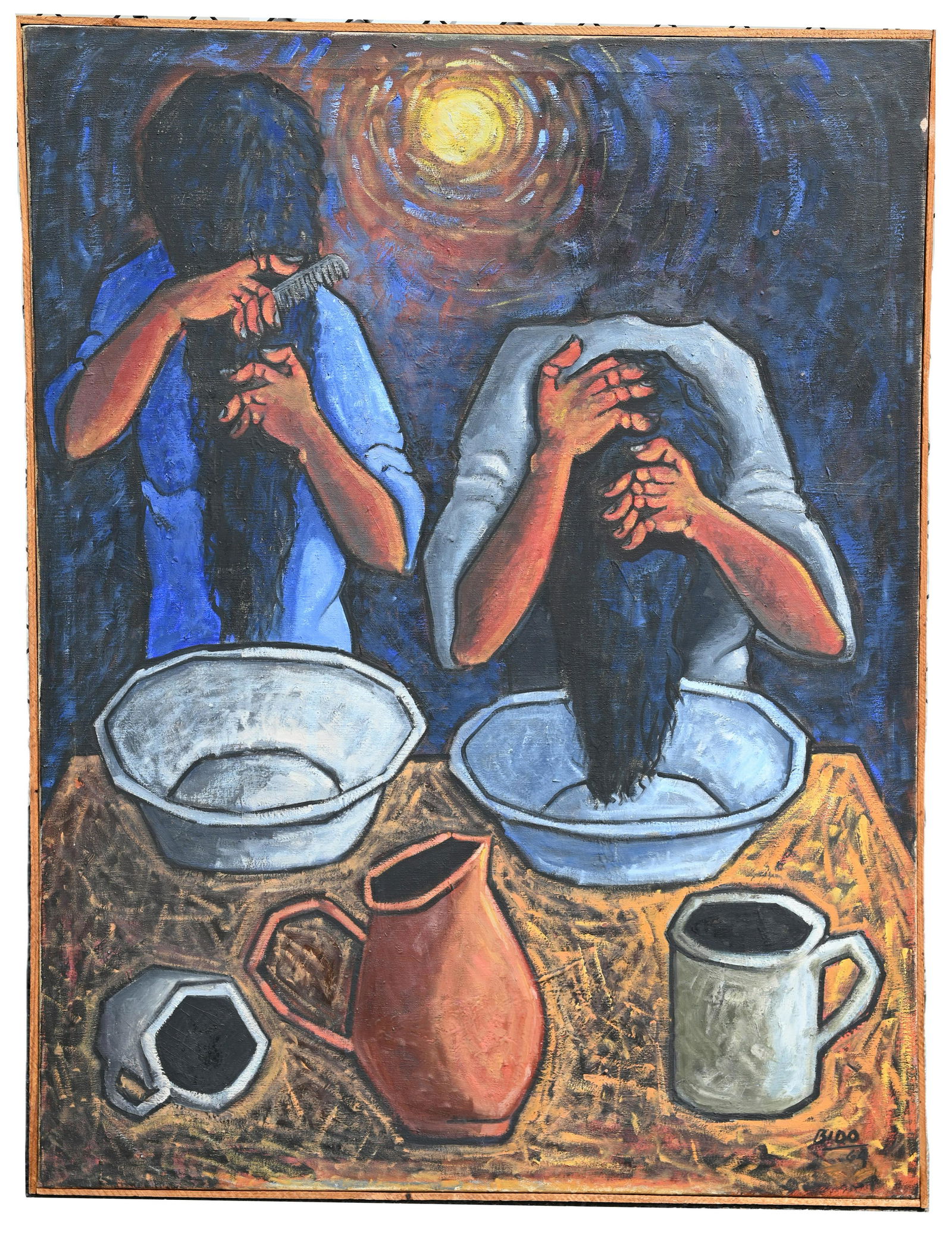 Candido Bido (1936 - 2011) "Peinandose": Candido Bido (Dominican Republic, 1936 - 2011) "Peinandose" ("Combing") Oil on Canvas. Signed and dated ('64) lower right. Titled, signed and inscribed verso on canvas. Provenance: gifted to current o