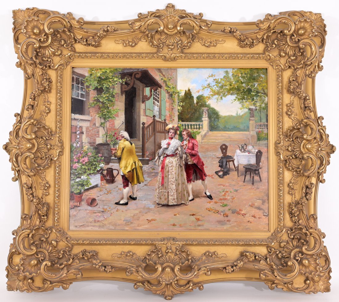 Henri Victor Lesur (1863 - 1900): Henri Victor Lesur (France, 1863 - 1900) "Courtship" Oil on Wood Panel. Signed lower left. In gilt ornate frame. Old label verso. Sight Size: 18 x 21.5 in. Overall Framed Size: 31 x 34 in.