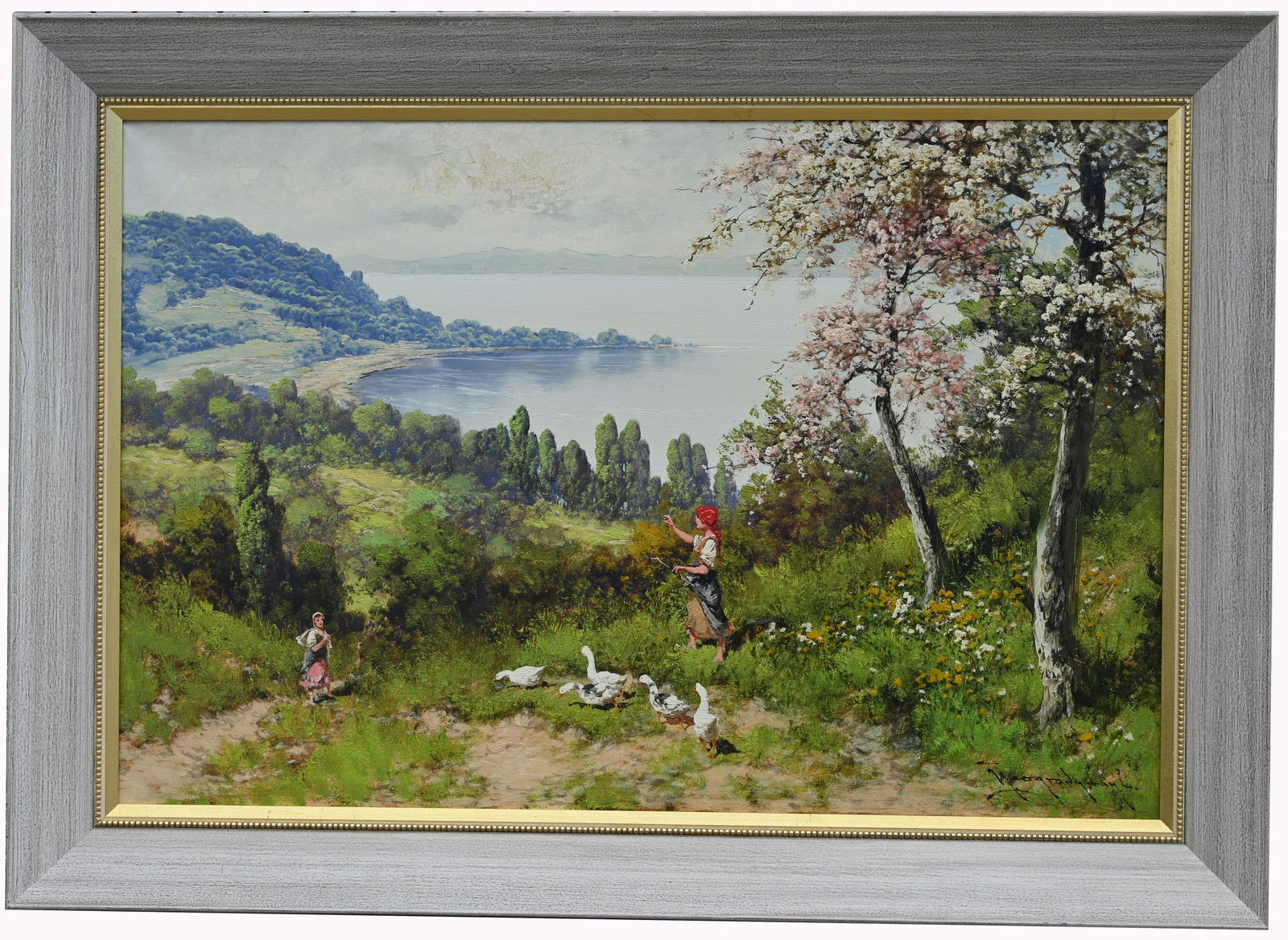 Laszlo Neogrady (1896 - 1962): Laszlo Neogrady (Hungary, 1896 - 1962) Northern Italian coastal painting with figures and geese in the foreground. Signed lower right. Oil on Canvas. Sight Size: 24 x 36 in. Overall Framed Size: 30.25