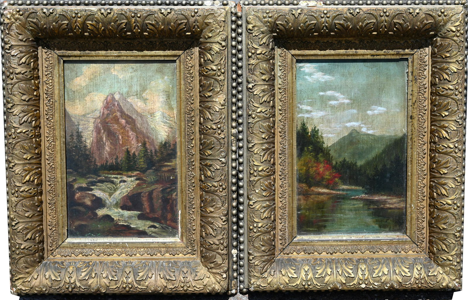 Pair of 19th C. American School River Scenes: Pair of 19th C. American School River Scenes. Oil on Canvas. Both appear to be unsigned. Sight Sizes: 9.5 x 6 in. Overall Framed Sizes: 16 x 12.5 in. Both Framed behind glass.