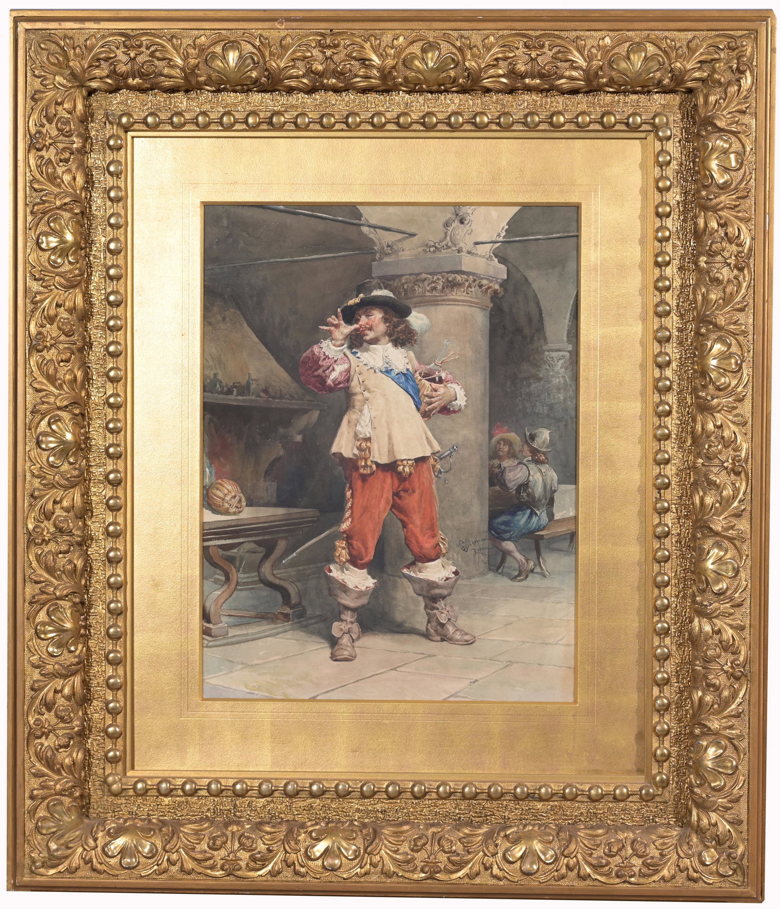 Francesco Coleman (1851 - 1918): Francesco Coleman (Italian, 1851 - 1918) Watercolor. Signed middle right. Italian cavalier drinking wine. Sight Size: 20 x 15 in. Overall Framed Size: 35 x 31.5 in. Framed behind glass.