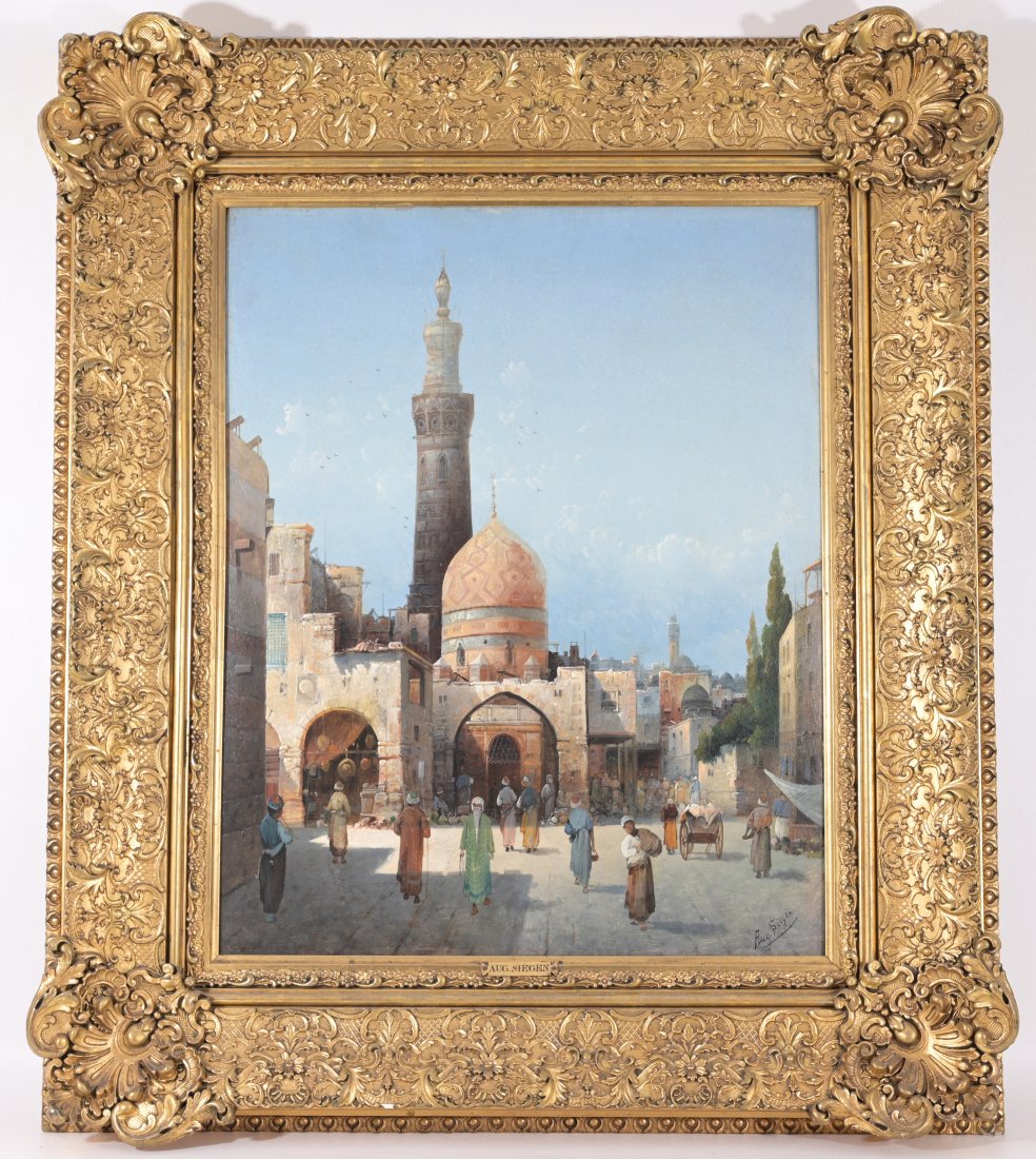 August von Siegen (1850 - 1920s) Orientalist: August von Siegen (German, 1850 - 1920s) Orientalist street scene, possibly Cairo. Signed lower right. Oil on Board. Sight Size: 21 x 17 in. Overall Framed Size: 30 x 26 in.