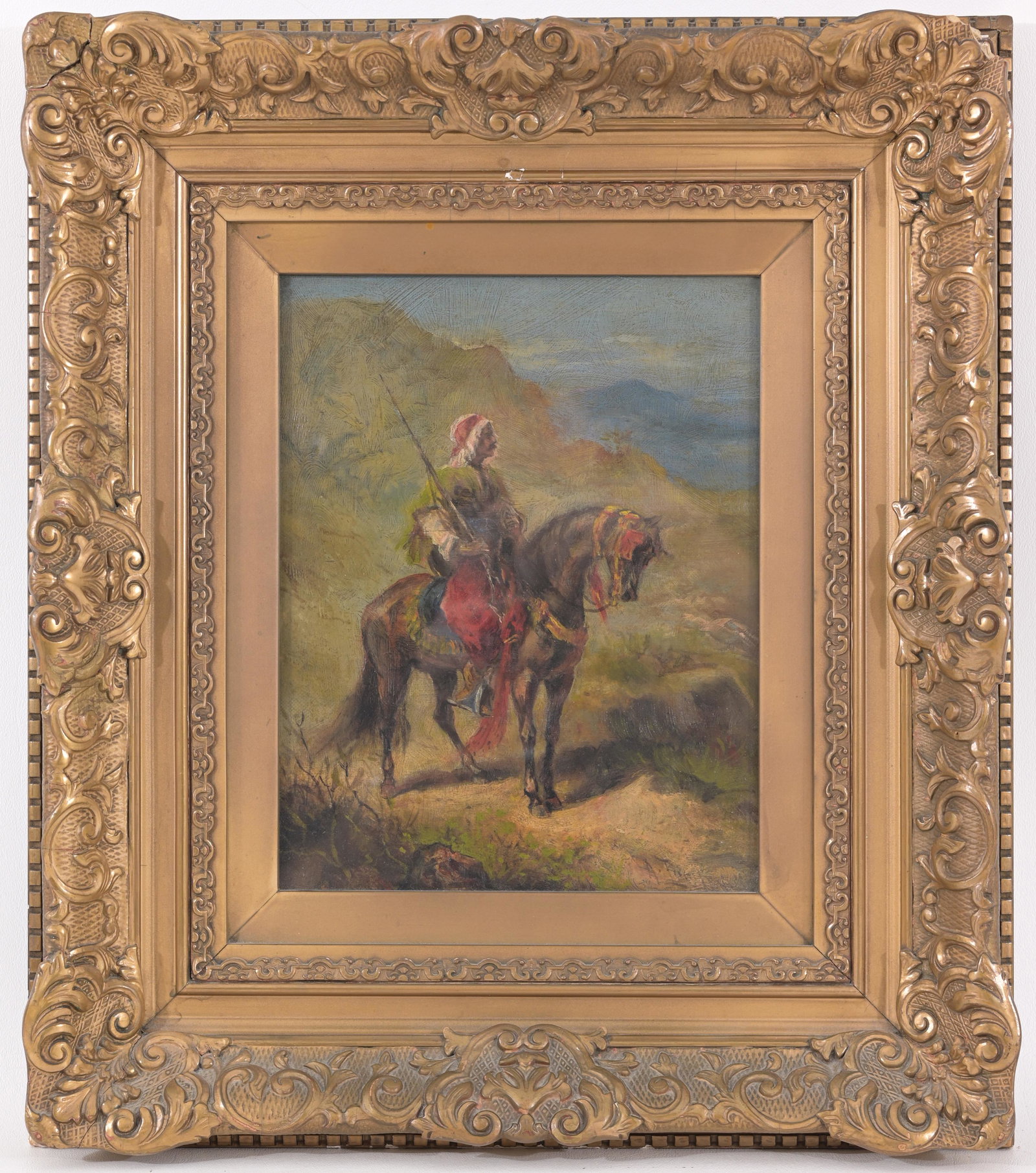 19th C. Orientalist Horseback Rider, Signed: 19th C. Orientalist Horseback Rider. Oil on Canvas. Signed lower right. Inscribed verso on stretcher. Sight Size: 9.5 x 7.5 in. Overall Framed Size: 17.25 x 15 in. Framed behind glass.