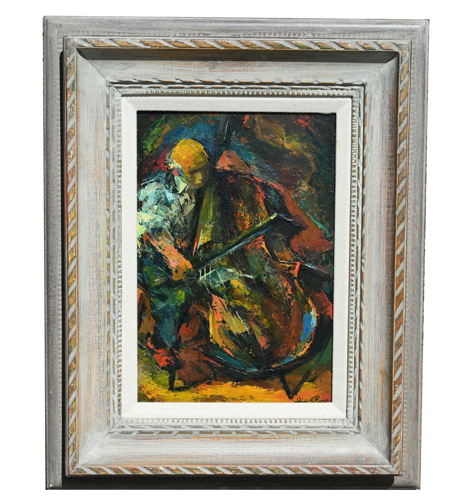 Iver Rose (1899 - 1972) 'Cello Player': Iver Rose (American, 1899 - 1972) Jazz musician playing the cello. Oil on Board. Signed lower right. Sight Size: 14.5 x 10 in. Overall Framed Size: 24 x 19.25 in.