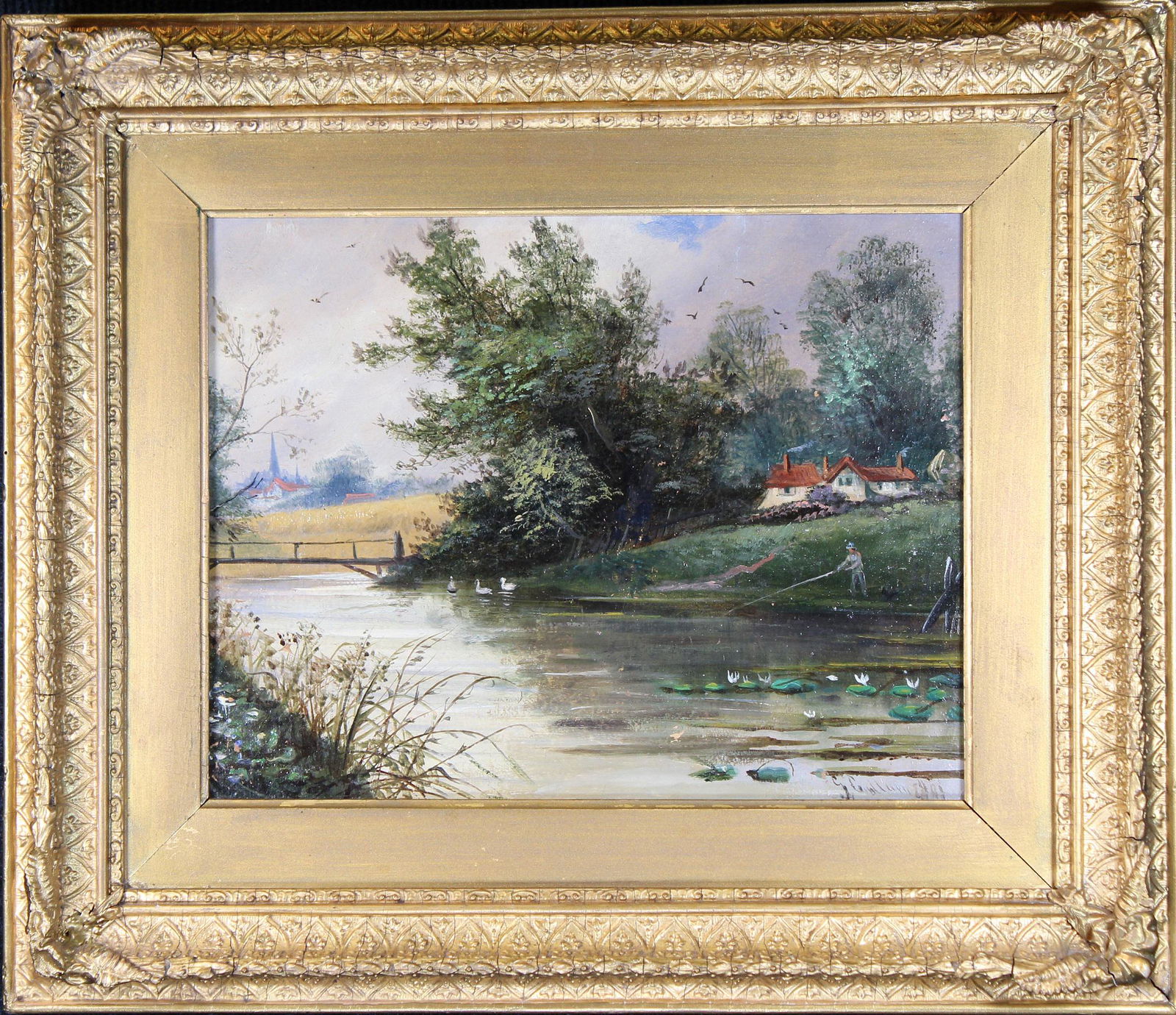 Signed, 19th C. English Painting of Man Fishing: Signed, 19th C. English Painting of Man Fishing Near a cottage on a river. Signed lower right. Gallery Label verso. Oil on Panel. Sight Size: 8.5 x 11 in. Overall Size: 15 x 17.5 in.