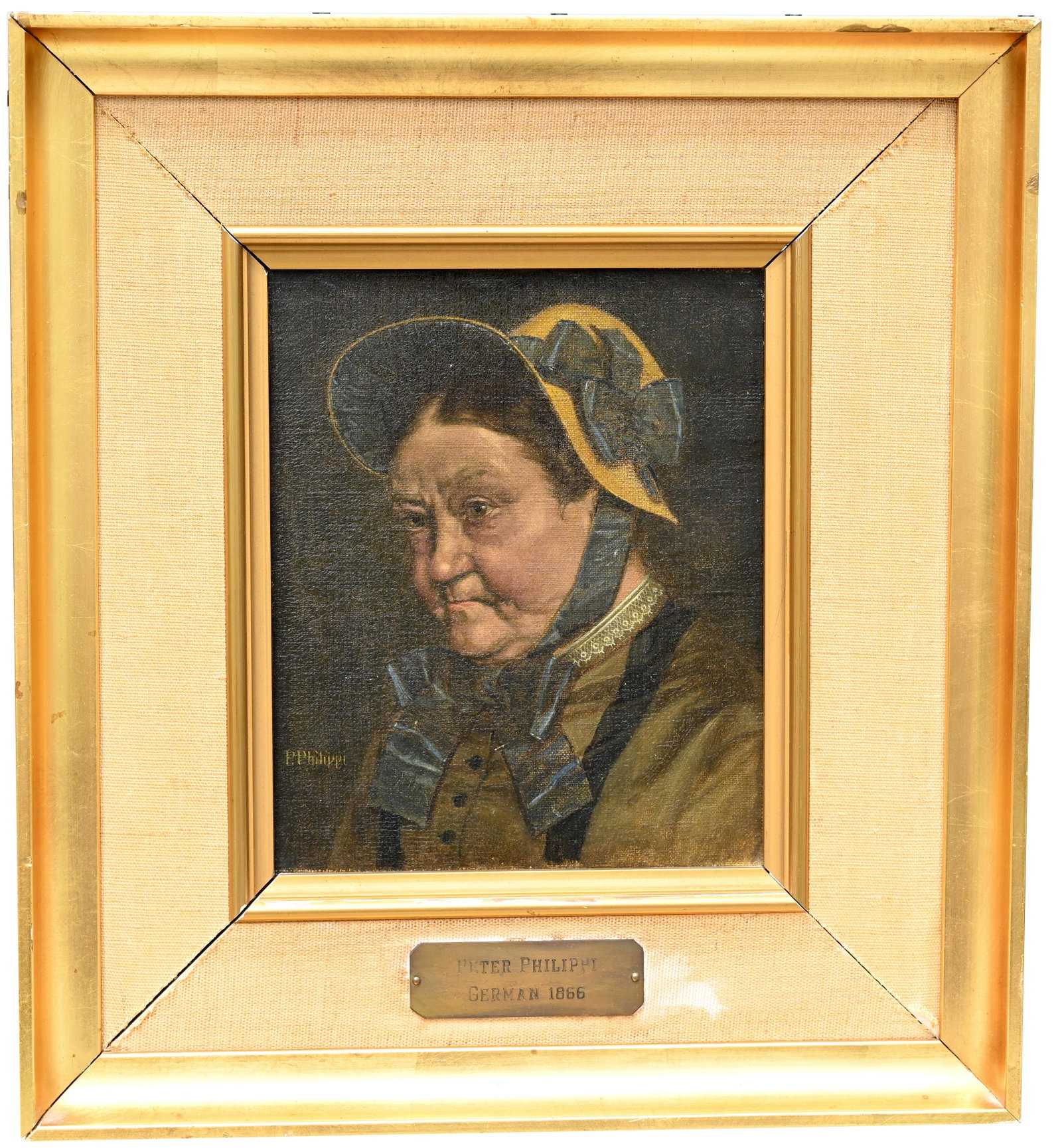 Peter Philippi (German, 1866 - 1958): Peter Philippi (German, 1866 - 1958) Portrait of woman with bonnet. Oil on Canvas. Signed lower left. Inscribed verso on stretcher. Sight Size: 7.75 x 6.25 in. Overall Framed Size: 14 x 12.75 in.