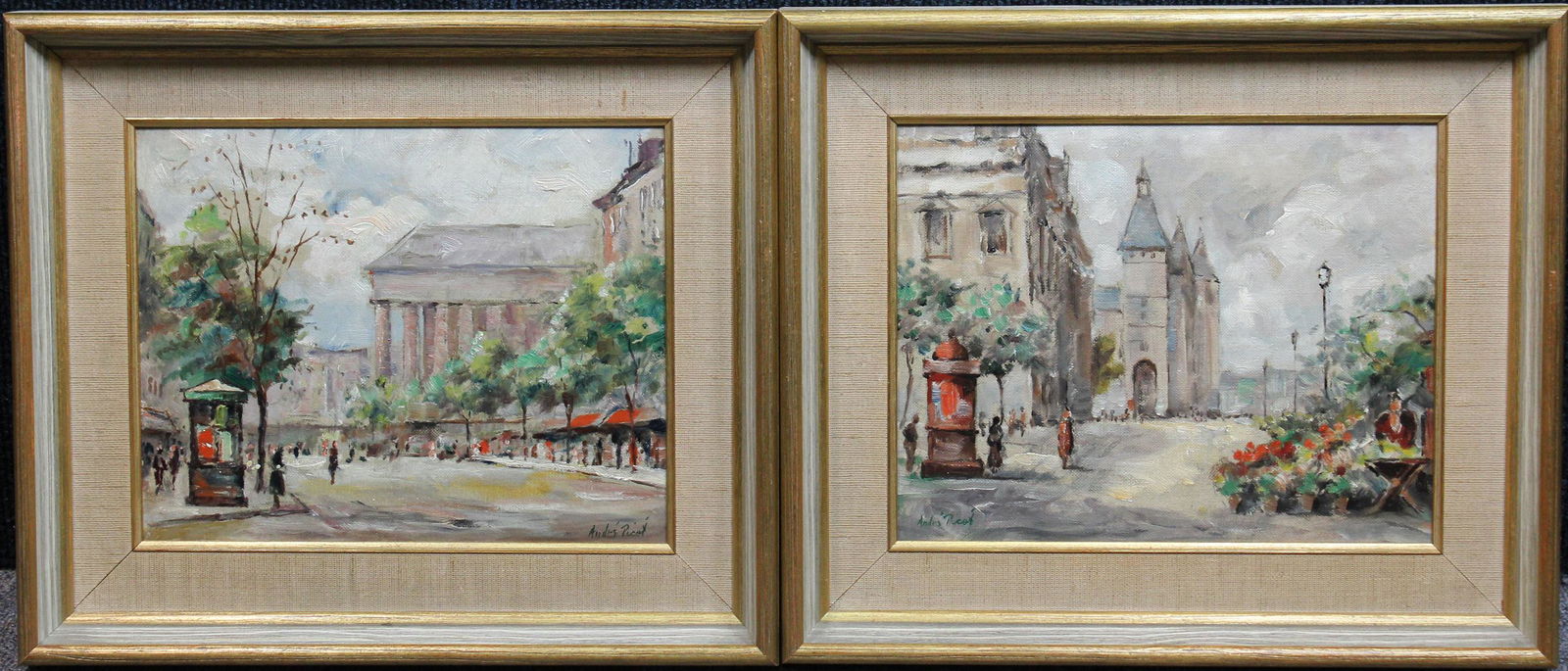 Andre Picot (1910 - 1992) Pair of Street Scenes: Andre Picot (1910 - 1992). One signed lower right other signed lower left. Gallery label verso. Sight Sizes: 8 x 9.5 in. Overall Sizes: 11.75 x 13.75 in.