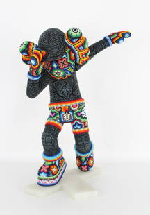 Chroma aka Rick Wolfryd (B. 1953) Sculpture: Chroma aka Rick Wolfryd (B. 1953) "Hip Hop Dancer" Sculpture inspired by KAWS in collaboration with Elisa de la Cruz (Mexican (Huichol), 20th/21st C). Color beaded vinyl sculpture from Alterations Ser