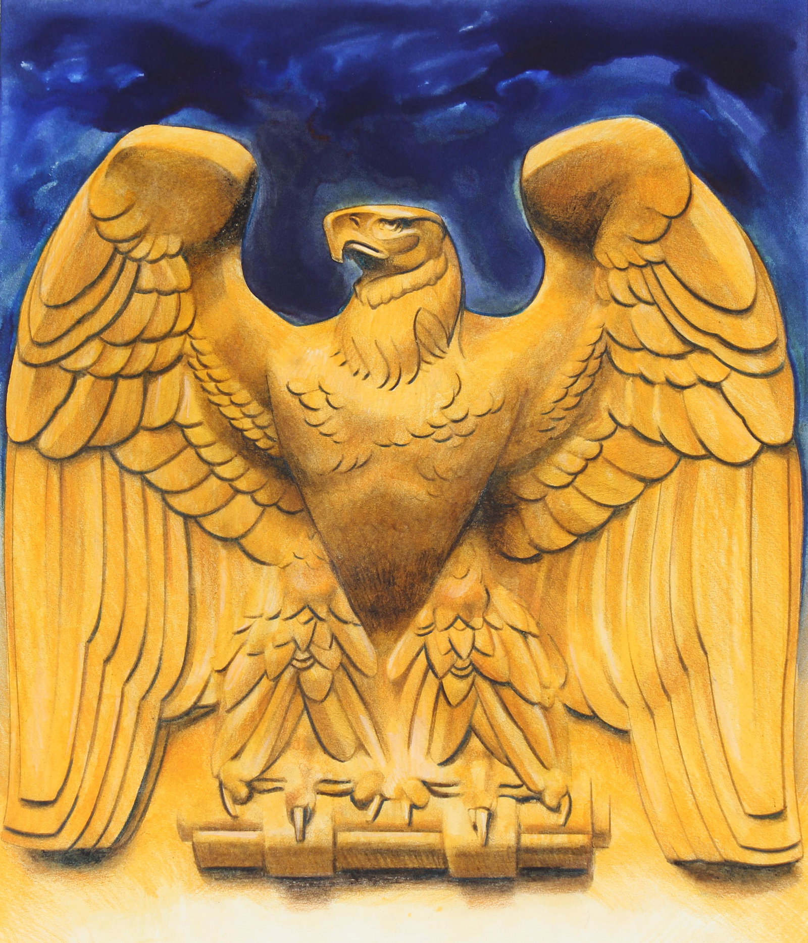 Chris Calle (B. 1961) "Art Deco Eagle": Chris Calle (American, B. 1961) "Art Deco Eagle" Signed lower right. Original Mixed Media painting on Illustration Board. Provenance: Collection of James A. Helzer (1946-2008), Founder of Unicover Cor