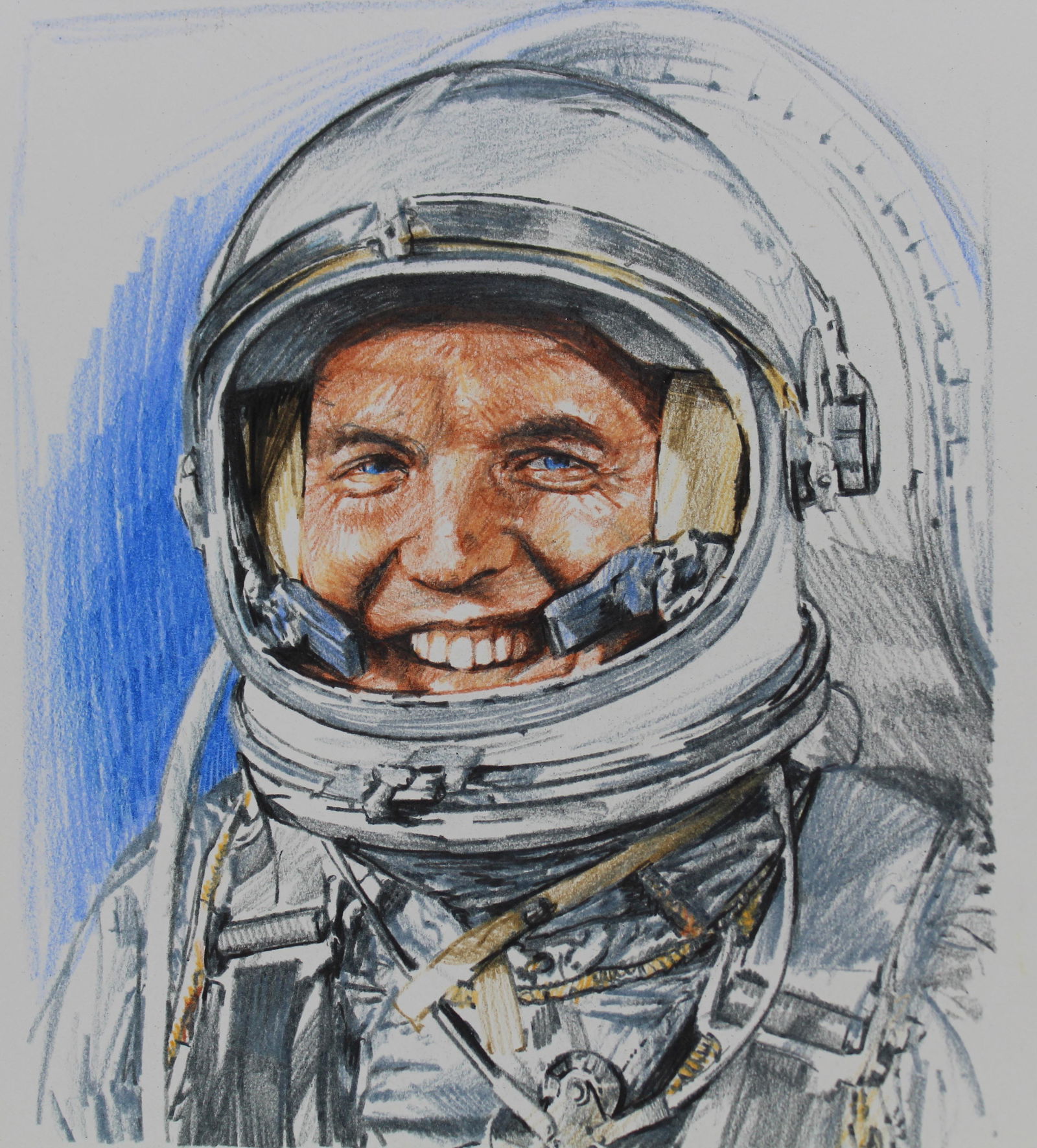 Chris Calle (B. 1961) "Gordon Cooper": Chris Calle (American, B. 1961) "Gordon Cooper - Final Mercury Mission" Signed lower right. Mixed Media on Illustration Board. Provenance: Collection of James A. Helzer (1946-2008), Founder of Unicove