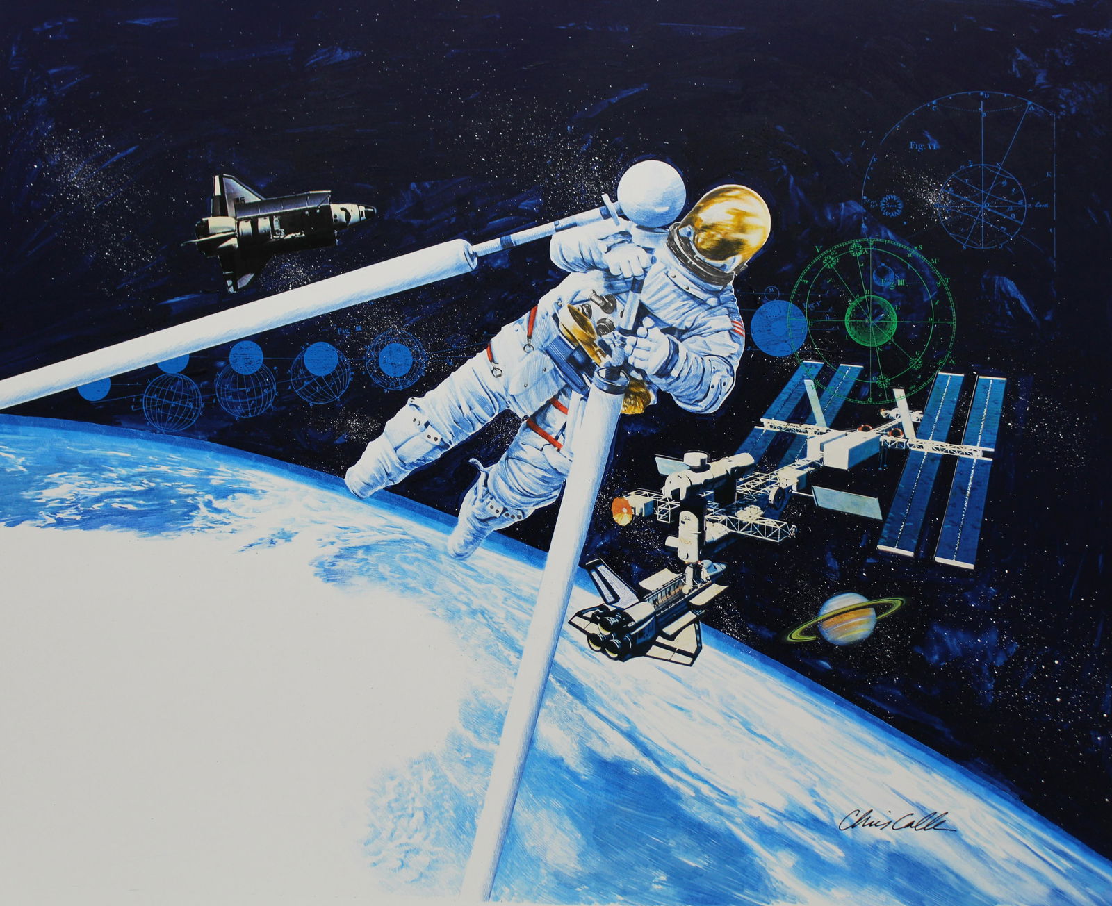 Chris Calle (B. 1961) "Postal Worker in Space": Chris Calle (American, B. 1961) "Postal Worker in Space" Signed lower right. Original Mixed Media on Illustration Board painting. Provenance: Collection of James A. Helzer (1946-2008), Founder of Unic