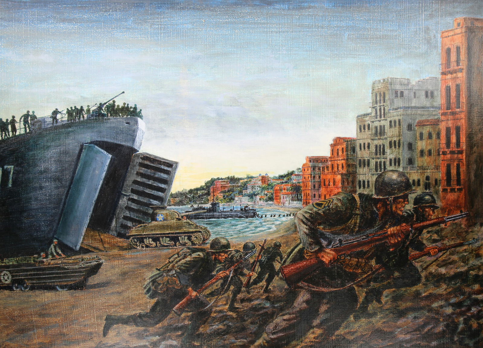 David K. Stone (1922 - 2001) "Invasion of Anzio": David K. Stone (American, 1922 - 2001) "Invasion of Anzio" Signed lower right. Original Oil painting on Masonite. Provenance: Collection of James A. Helzer (1946-2008), Founder of Unicover Corporation