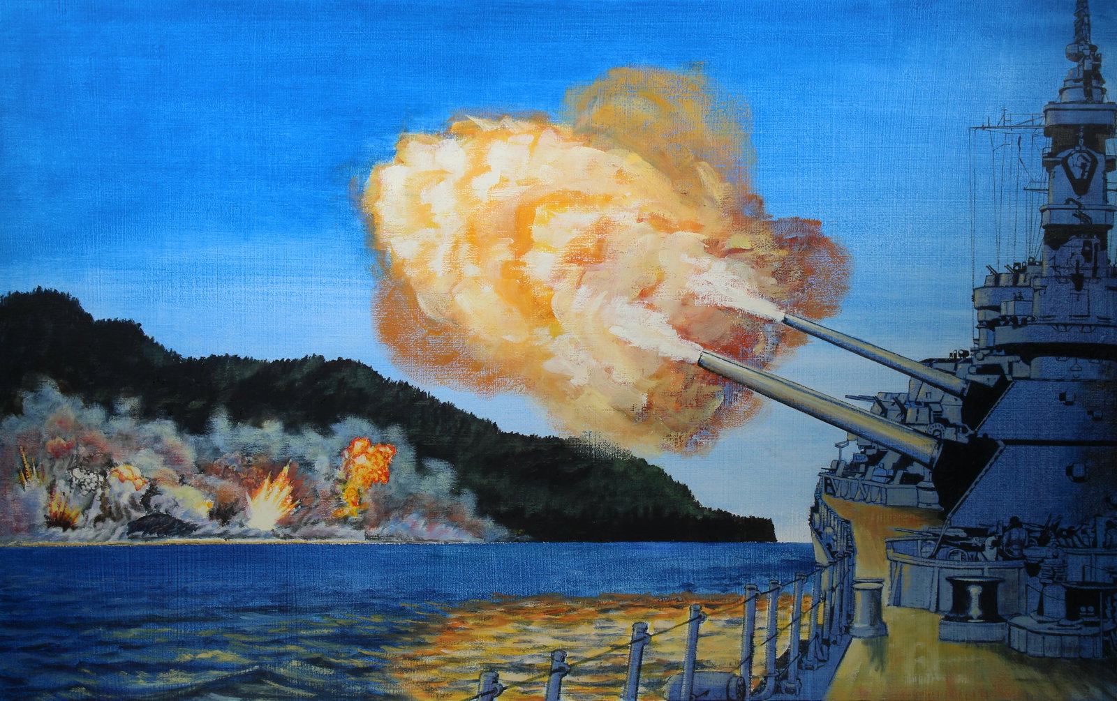 David K. Stone (1922 - 2001) "U.S. Liberates Guam": David K. Stone (American, 1922 - 2001) "U.S. Liberates Guam" Signed lower right. Original Oil painting on Masonite. Provenance: Collection of James A. Helzer (1946-2008), Founder of Unicover Corporati