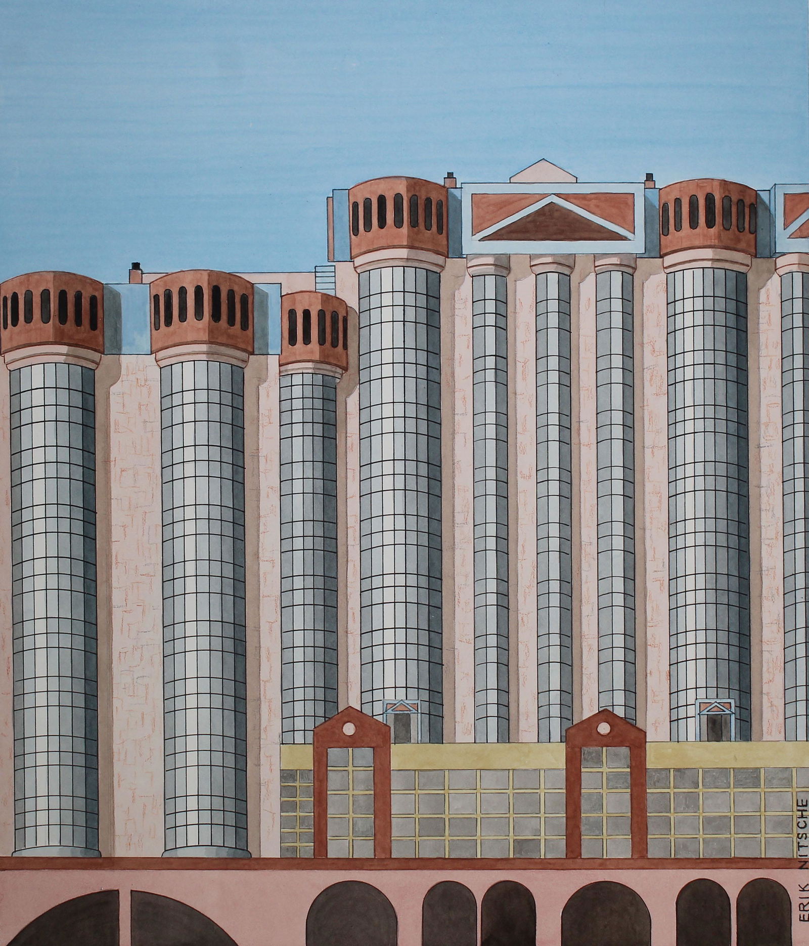 Erik Nitsche (1908 - 1998) "Amoreiras Towers": Erik Nitsche (Swiss, 1908 - 1998) "Amoreiras Towers in Portugal" Signed lower right. Original Mixed Media on Illustration Board. Provenance: Collection of James A. Helzer (1946-2008), Founder of Unico