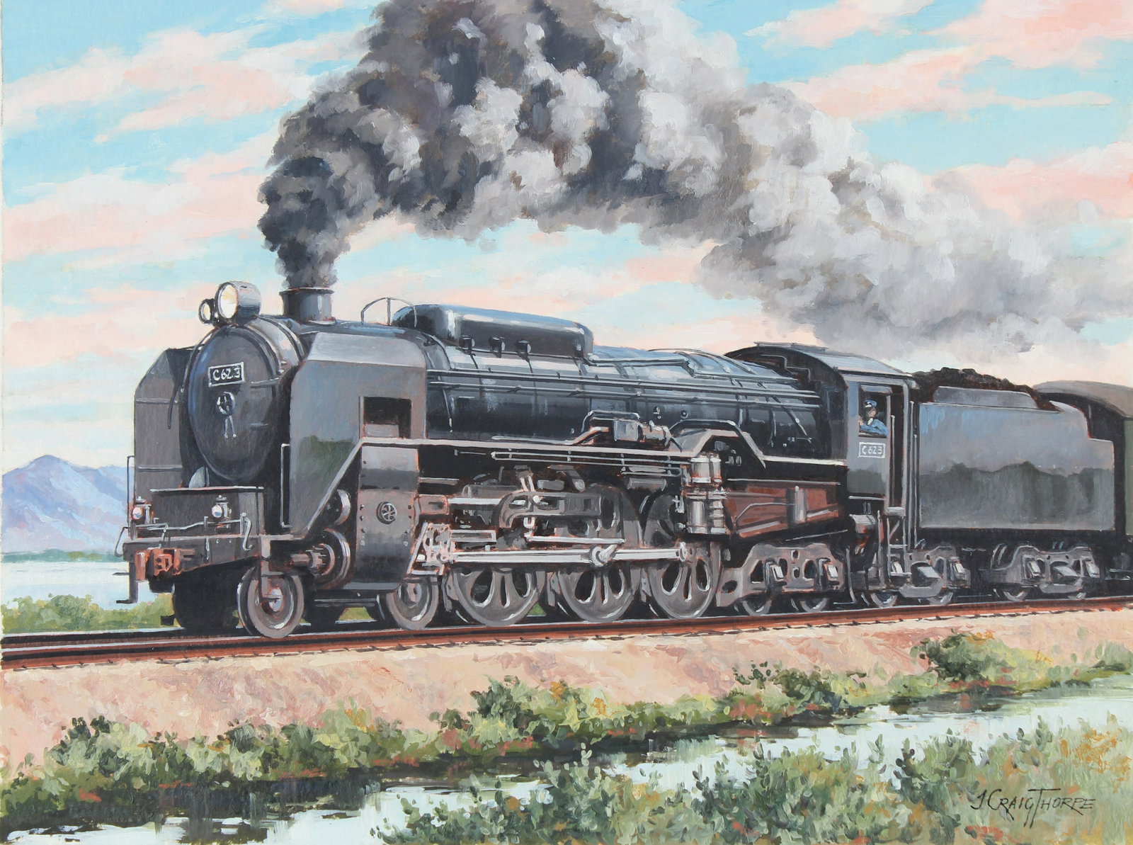 J. Craig Thorpe (B. 1948) "Japanese Class C-62": J. Craig Thorpe (American, B. 1948) "Japanese Class C-62" Signed lower right. Original Oil on Paper. Provenance: Collection of James A. Helzer (1946-2008), Founder of Unicover Corporation. This painti