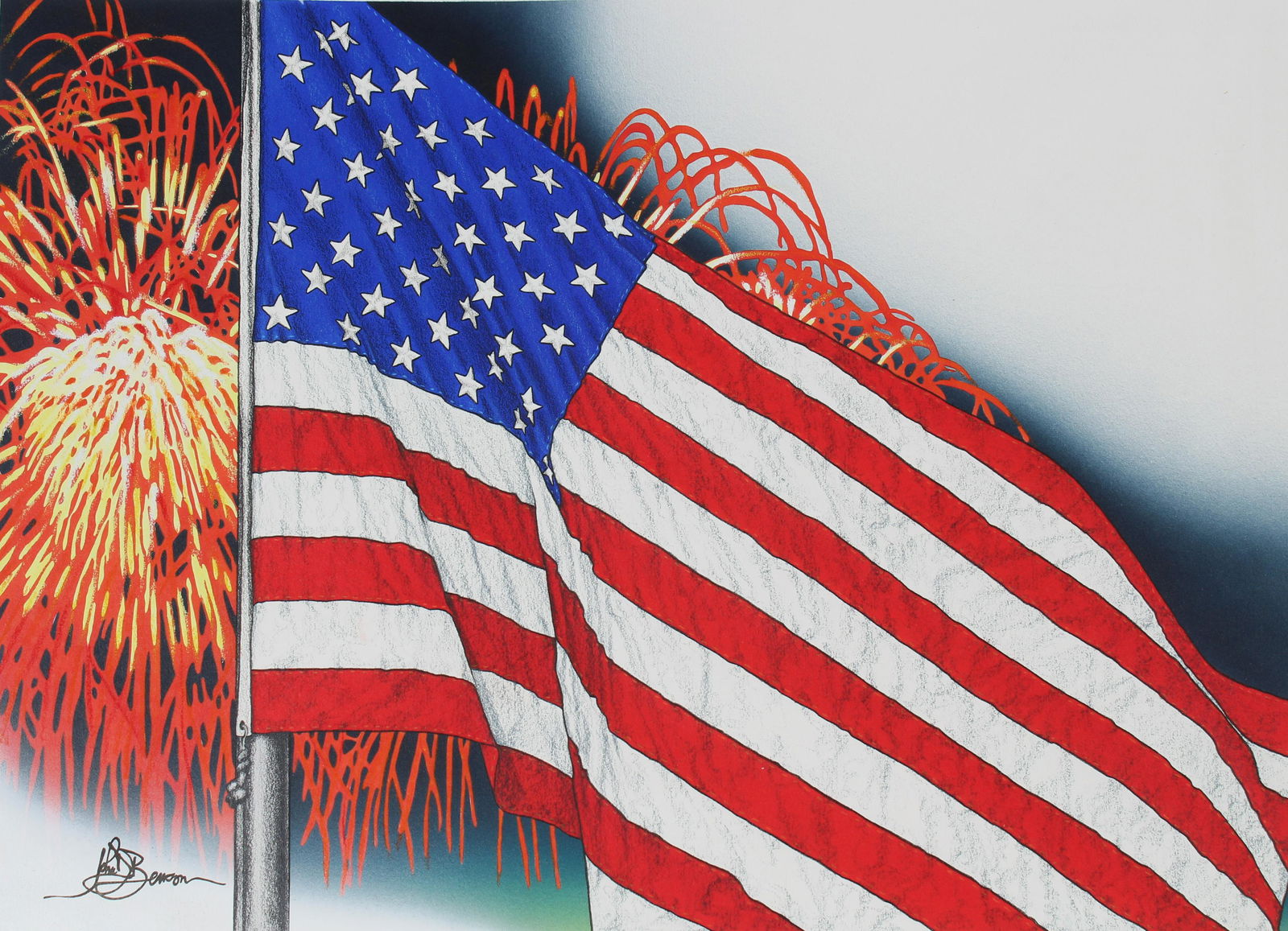 John Benson (B. 1949) "US Flag & Fireworks" Oil (1 of 4)