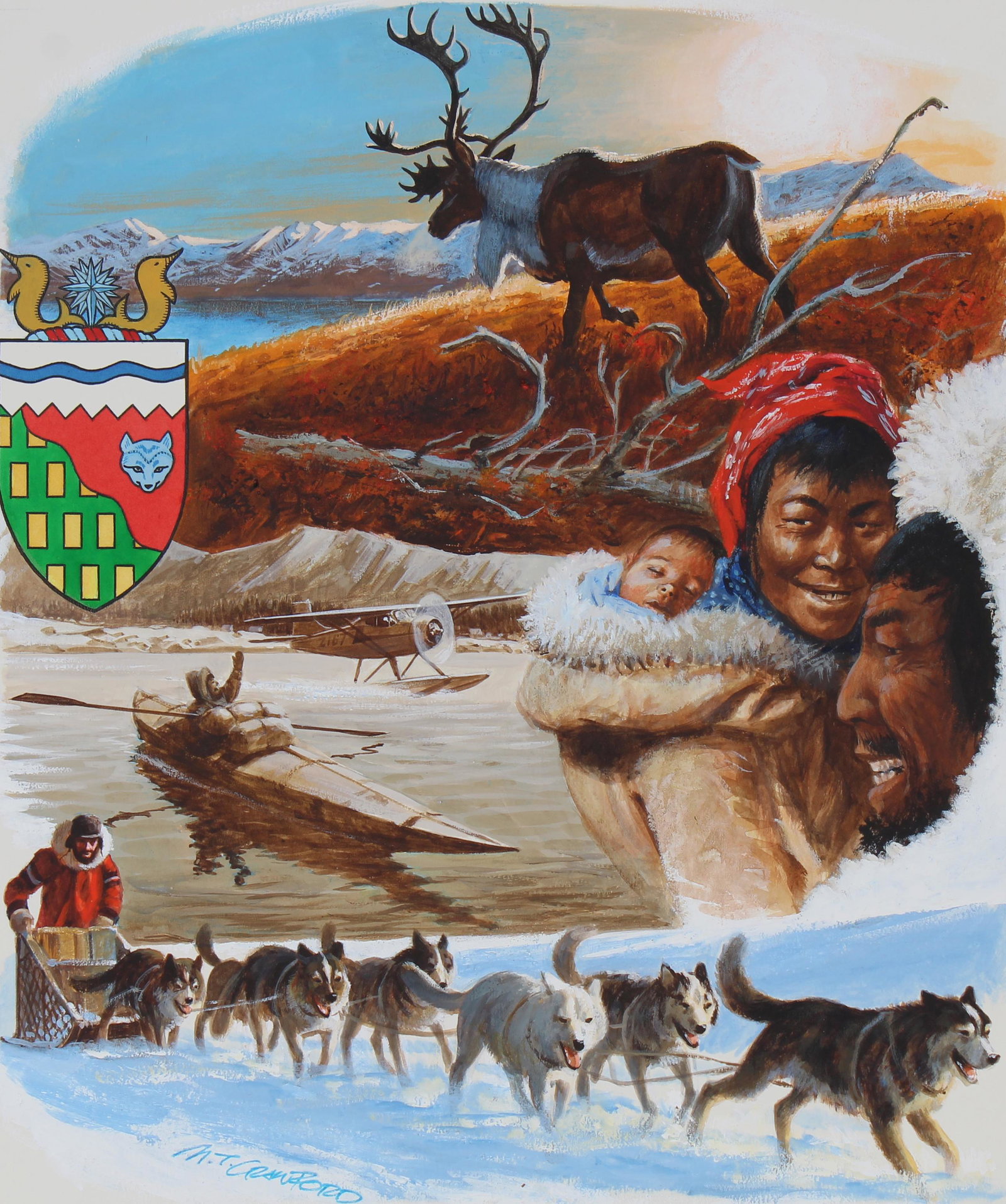 Mel Crawford B. 1925) "Northwest Territory": Mel Crawford (Canadian, B. 1925) "Northwest Territory" Signed lower left. Original Mixed Media on Cold Press Illustration Board Provenance: Collection of James A. Helzer (1946-2008), Founder of Unicov