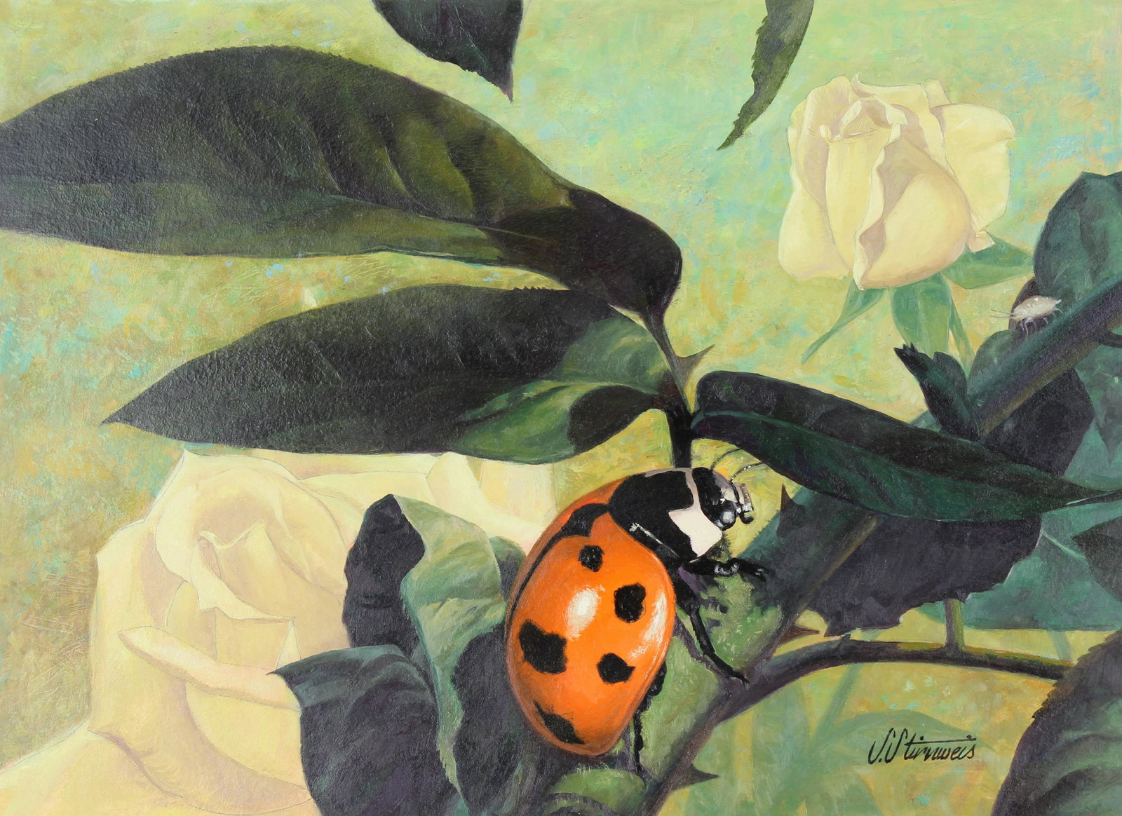Shannon Stirnweis (B. 1931) "Ladybug": Shannon Stirnweis (American, B. 1931) "Ladybug" Signed lower right. Original Oil painting on Illustration Board. Provenance: Collection of James A. Helzer (1946-2008), Founder of Unicover Corporation.