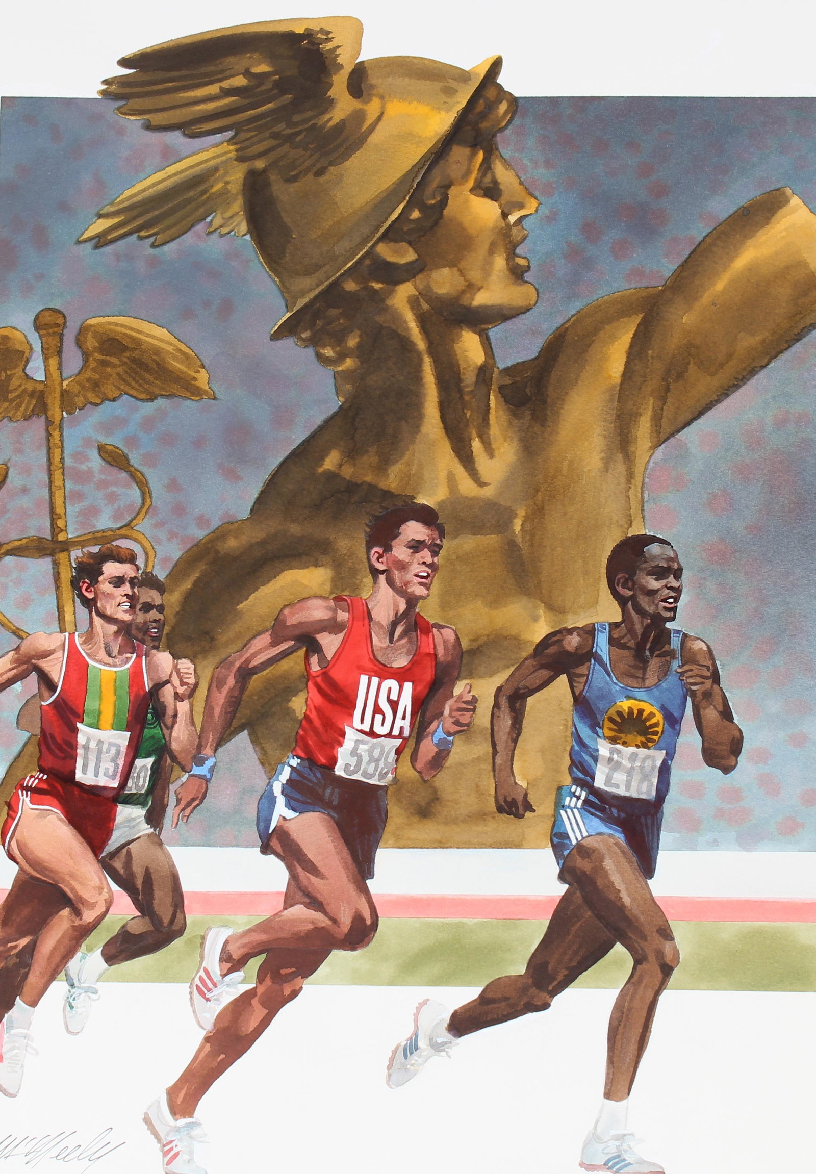 Tom McNeely (B. 1935) "Marathon Runners": Tom McNeely (Canadian, B. 1935) "Marathon Runners and Roman God Mercury" Signed lower left. Original Watercolor on Paper. Provenance: Collection of James A. Helzer (1946-2008), Founder of Unicover Cor