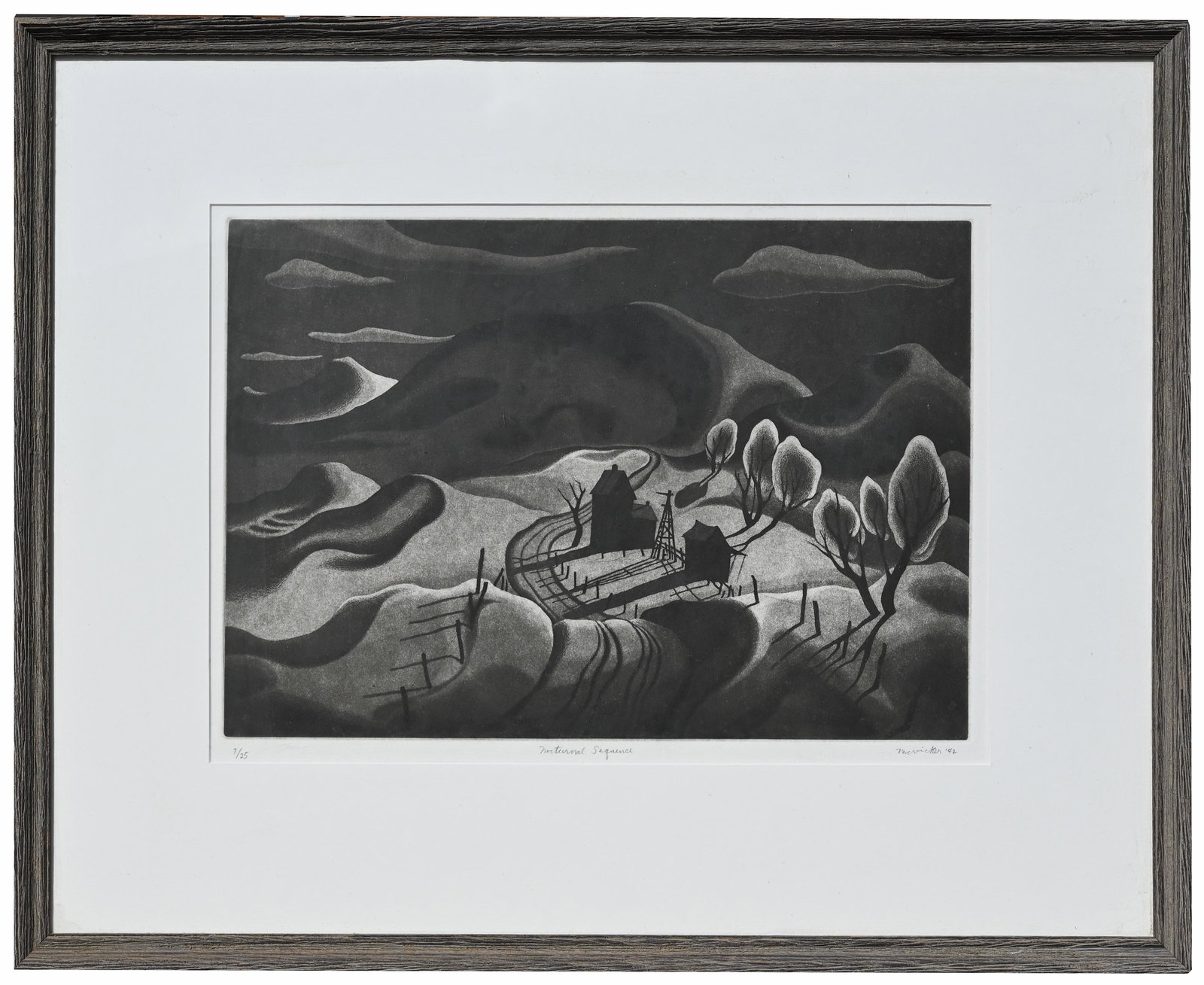 Jay McVicker (1911-2004) "Nocturnal Sequence": Jay McVicker (1911-2004) "Nocturnal Sequence" WPA style Aquatint. Signed, titled and numbered (7/25) in pencil in lower margin. With original description from Bethesda Art Gallery attached verso, as w