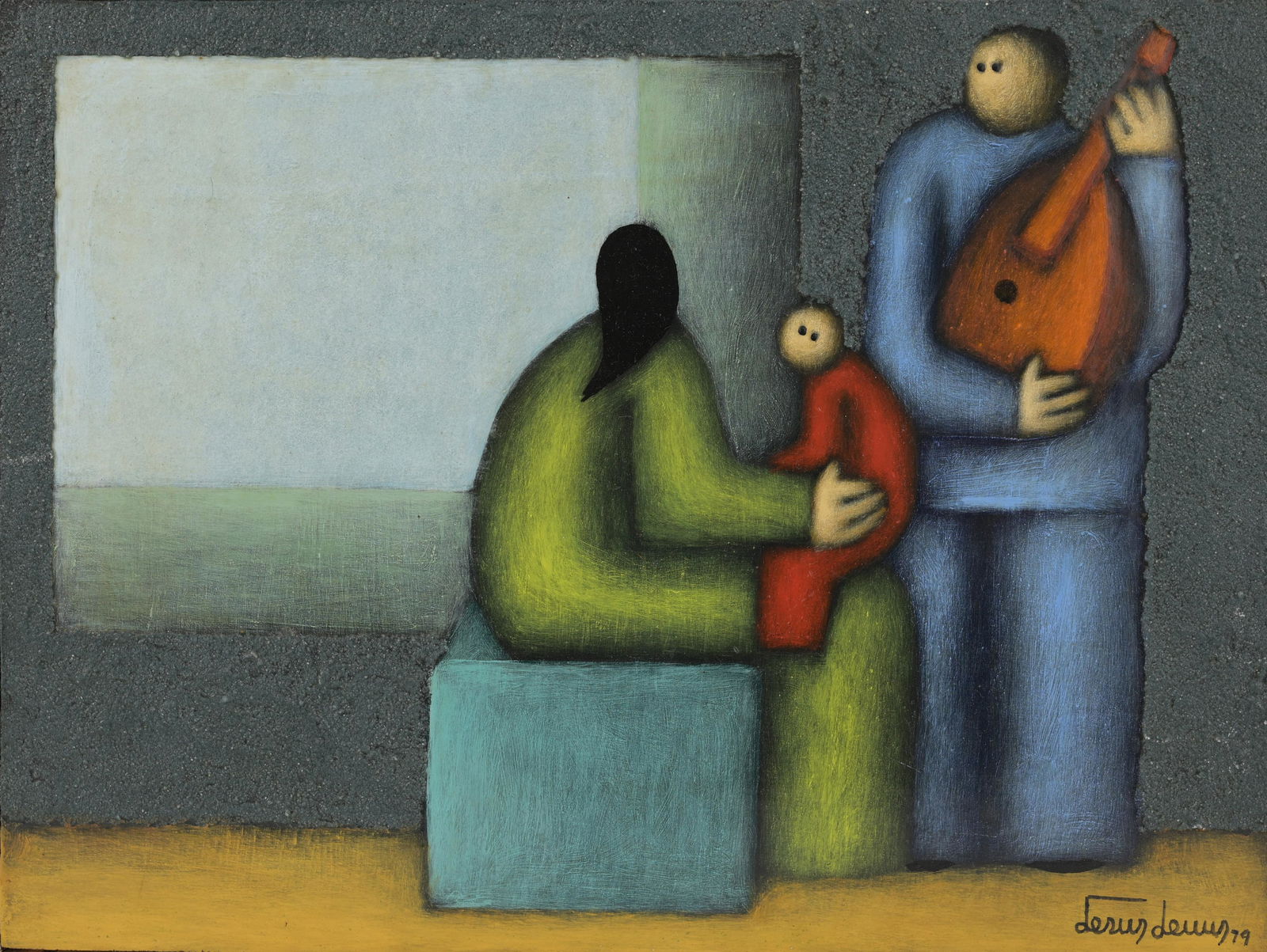 Jesus Mariano Leuus (B. 1948) "La Familia": Jesus Mariano Leuus (Texas/Mexico, B. 1948) "La Familia" 1979 Oil on Board Signed and dated ('79) lower right. Inscribed and dated verso. Sight Size: 12.25 x 16 in. Overall Framed Size: 16 x 20 in.