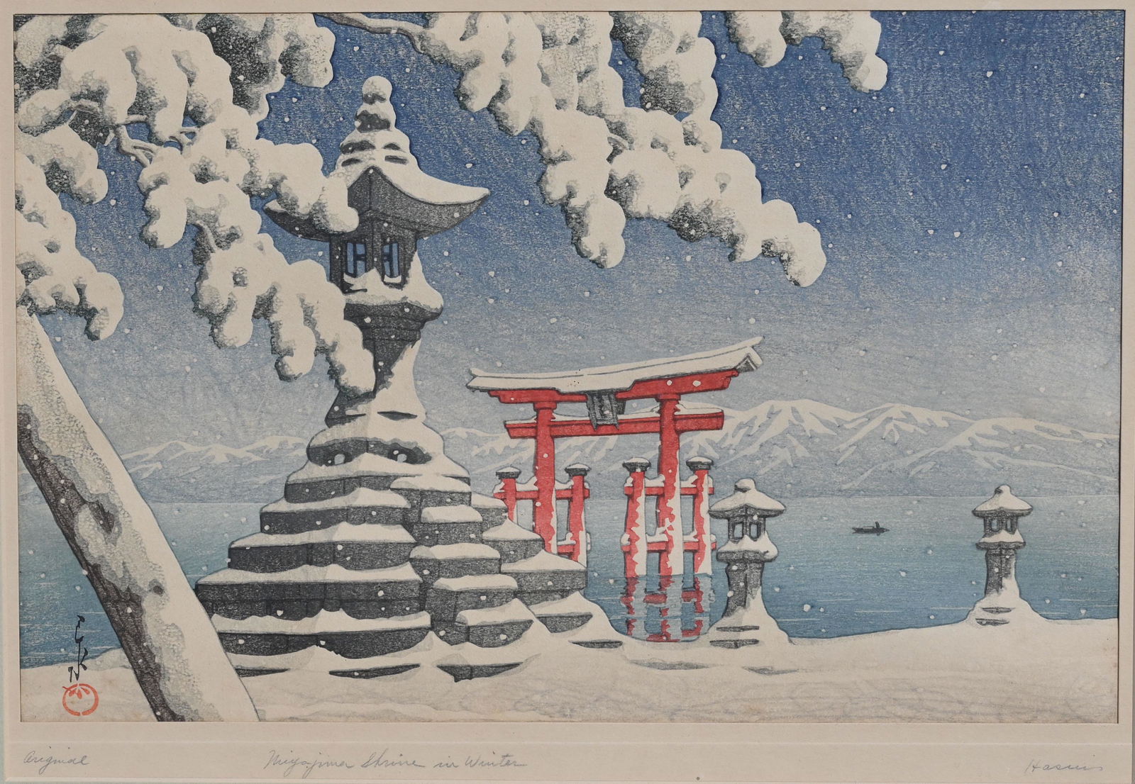 Hasui Kawase "...Shrine in Winter" Woodblock: Kawase Hasui (1883-1957) Original Woodblock - 1932 Pencil signed lower right, titled lower center. signed in the margin lower left and lower right (only visible when taken out of frame- see images). I