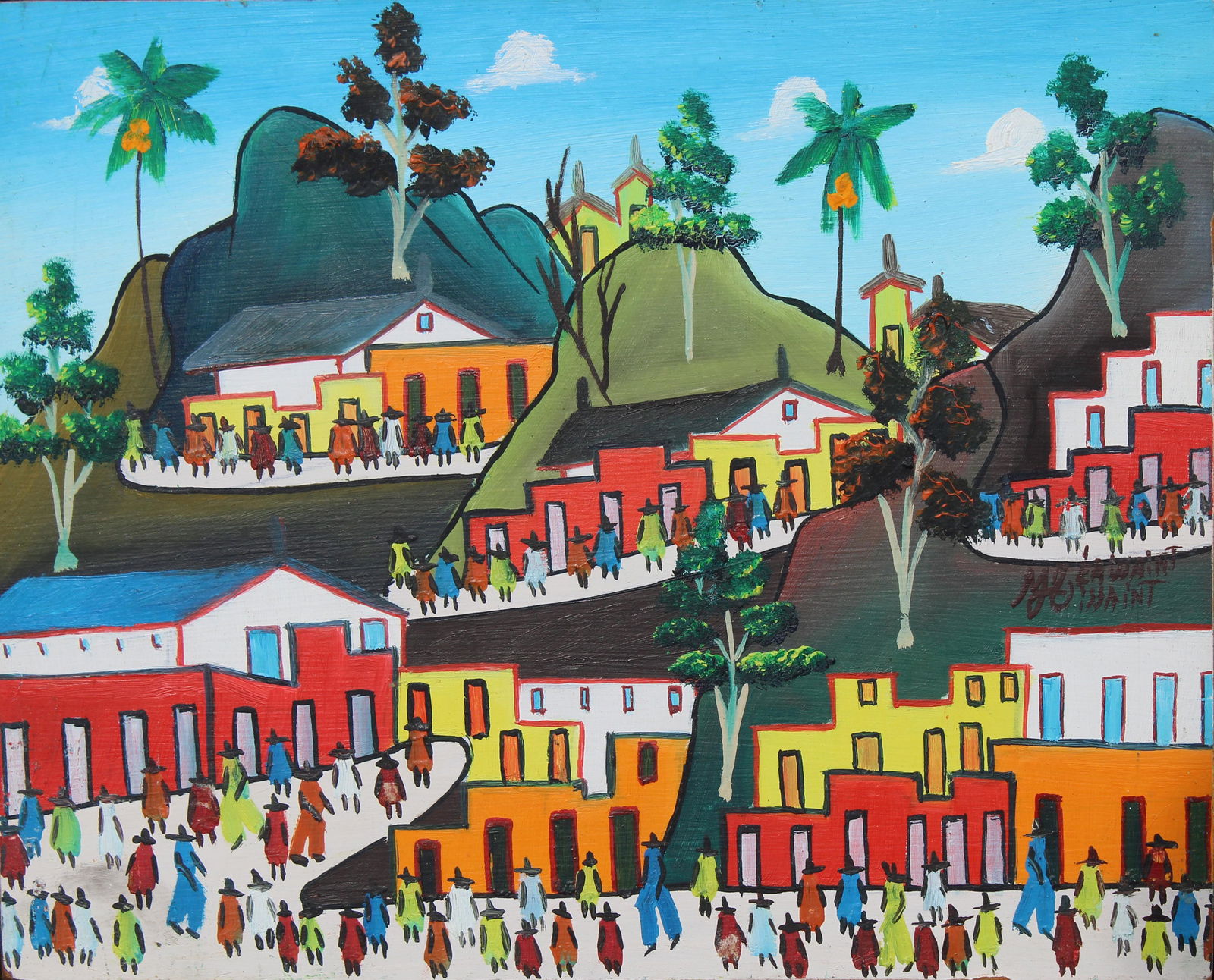 Merissaint Elissaint (Haitian, 20th C.): Merissaint Elissaint (Haitian, 20th C.) Oil on Board. Sight Size: 8 x 9.75 in. Overall Framed Size: 8.75 x 10.75 in.