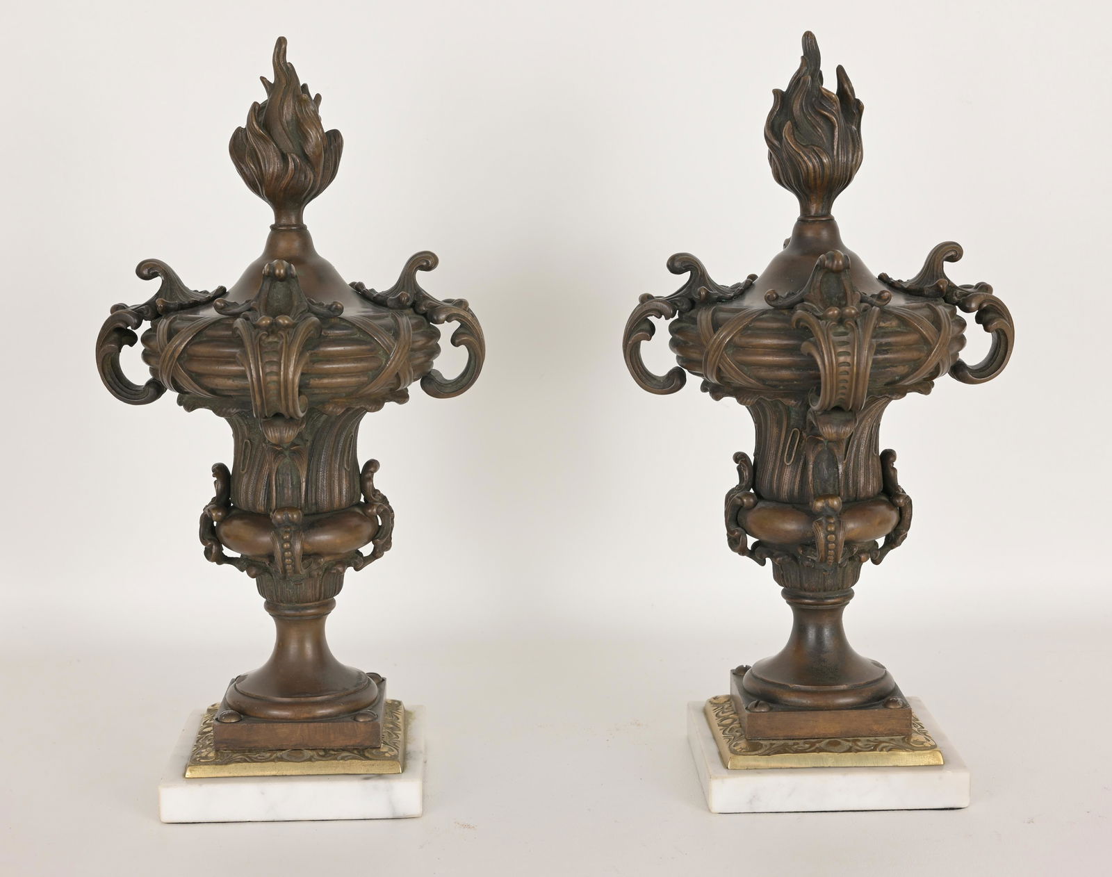 Pair of Antique Bronze Chenets: Pair of Antique Bronze Chenets Dimensions: 14.75 x 7.5 in.