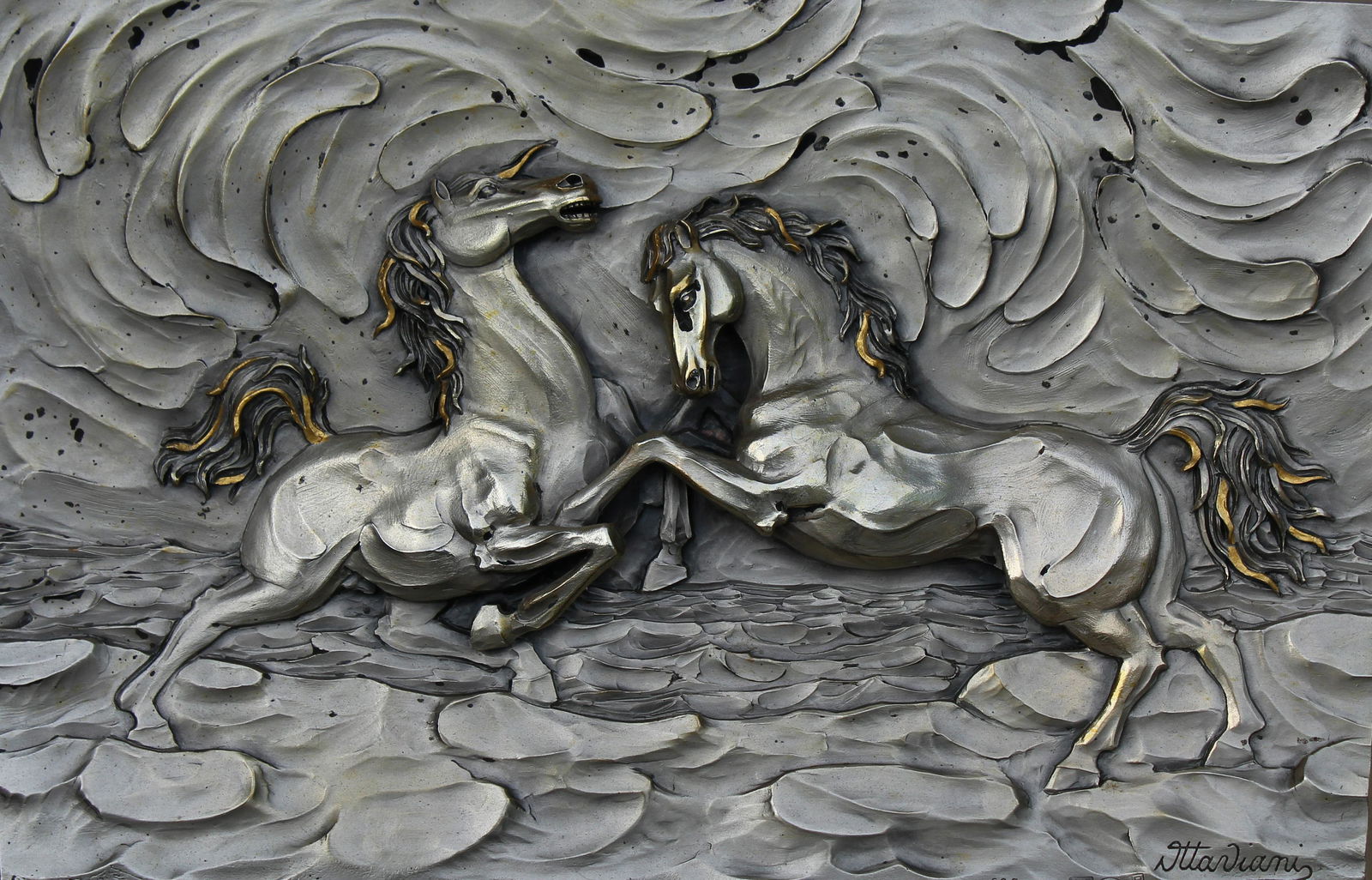 Ottaviani Silver Equestrian Plaque "Preludio": A Giuliano Ottaviani silver overlay equestrian plaque. "Preludio" Deep relief sculpture of horses with .800 silver overlay. Signed and hallmarked lower right. Plaque Size: 8 x 12.5 in. Overall Framed