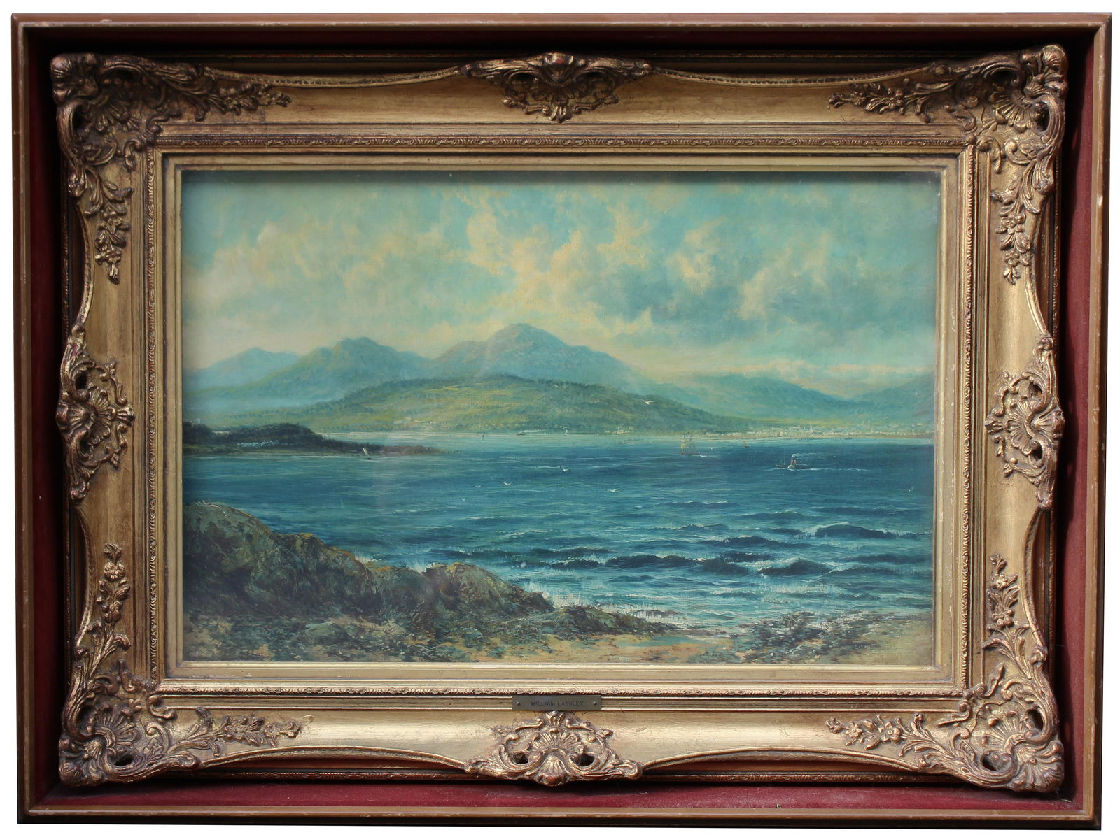William Langley (British, 1880-1920s): William Langley (British, 1852-1922) Oil on Canvas. Signed lower right. Sight Size: 15 x 23 in. Overall Framed Size: 24.25 x 32.5 x 4 in. Framed behind glass.