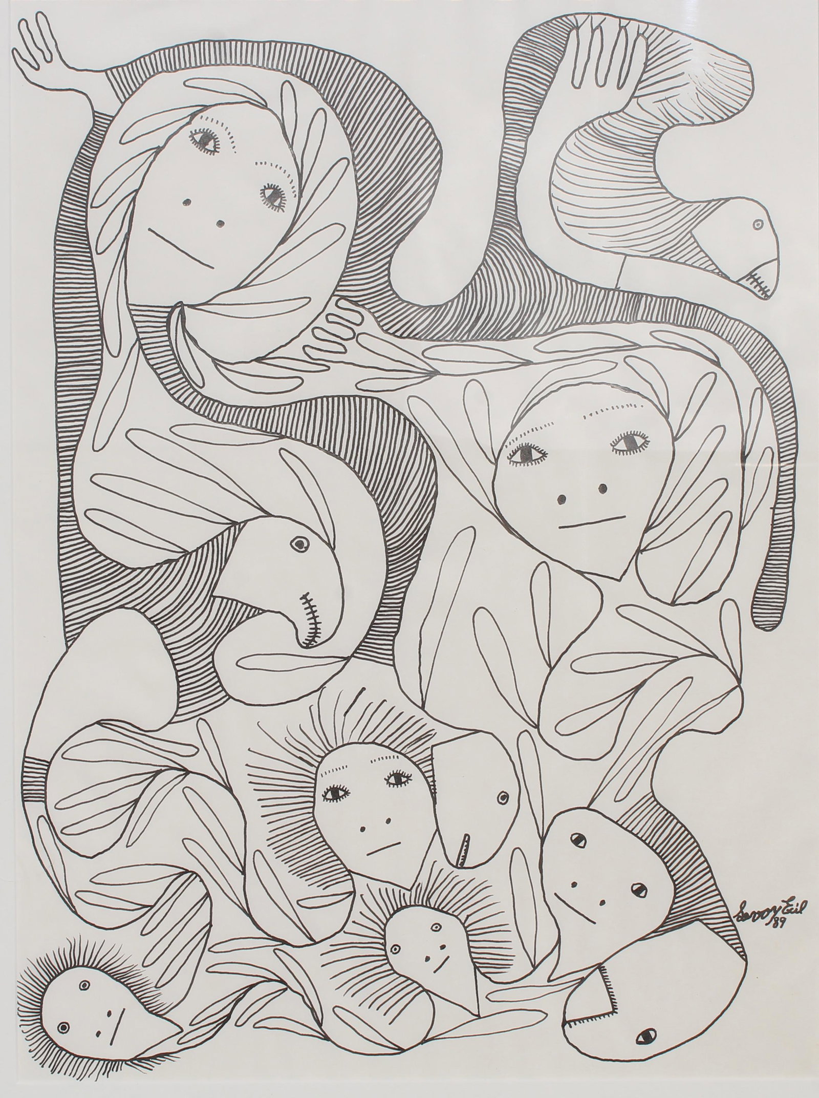 Levoy Exil (Haitian, B. 1944): Levoy Exil (Haitian, B. 1944) Marker on Paper. Signed and dated ('89) lower right. Sight Size: 23.5 x 17.5 in. Overall Framed Size: 29 x 22.75 in. Framed behind glass.