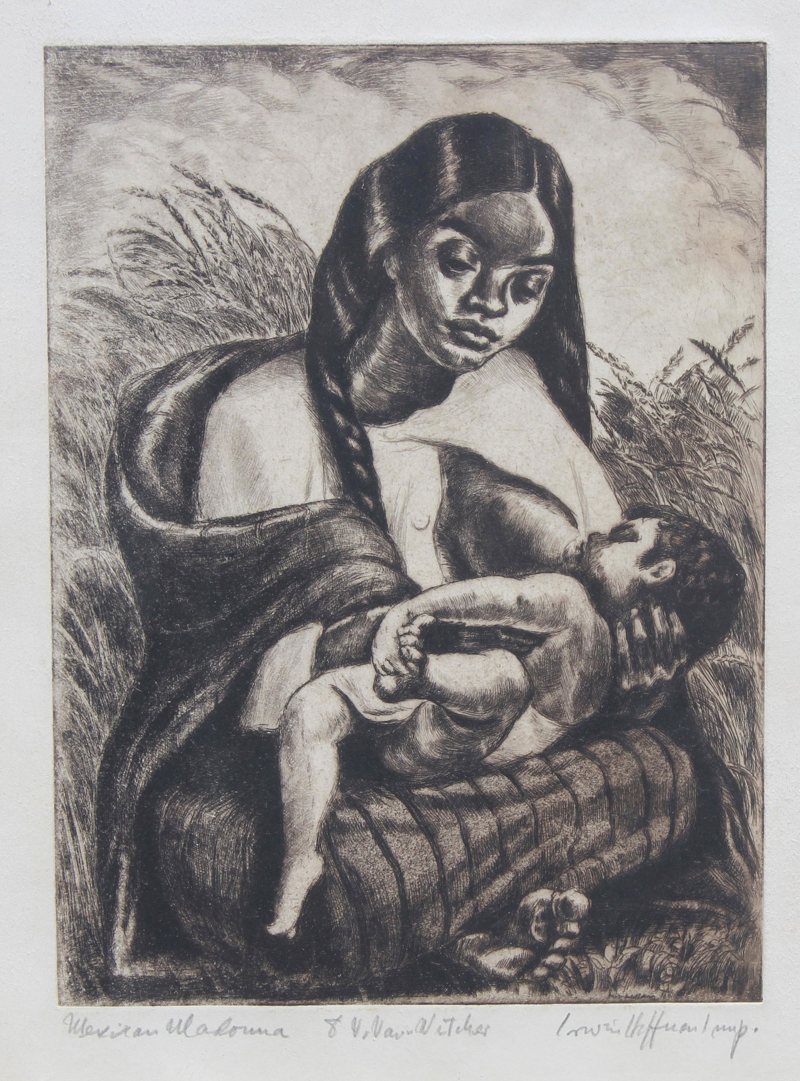 Irwin D Hoffman (1901-1989) Mexican Mother Etching: Irwin D Hoffman (1901-1989) "Mexican Mother" Etching. Pencil signed lower right. Titled lower left. Depicting a Spanish woman with long braided hair, breastfeeding infant child. Image Size:11.75 x 8.7