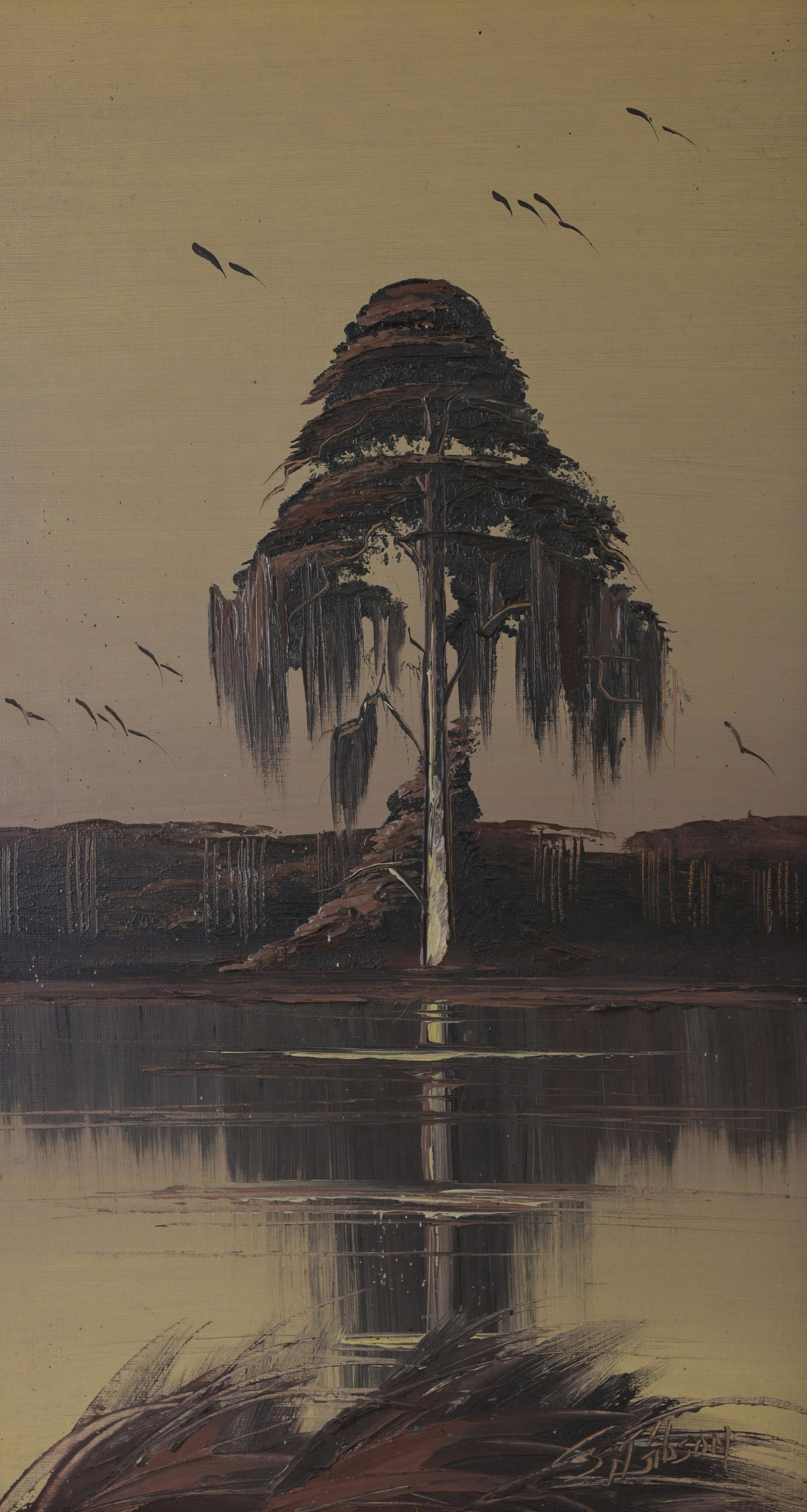 James Gibson (1938-2017) Highwayman: James Gibson (American, 1938-2017) Oil on Panel. Signed lower right. Inscribed verso, having original stripping frame. Sight Size: 22.25 x 13 in. Overall Framed Size: 25.5 x 15.5 in.