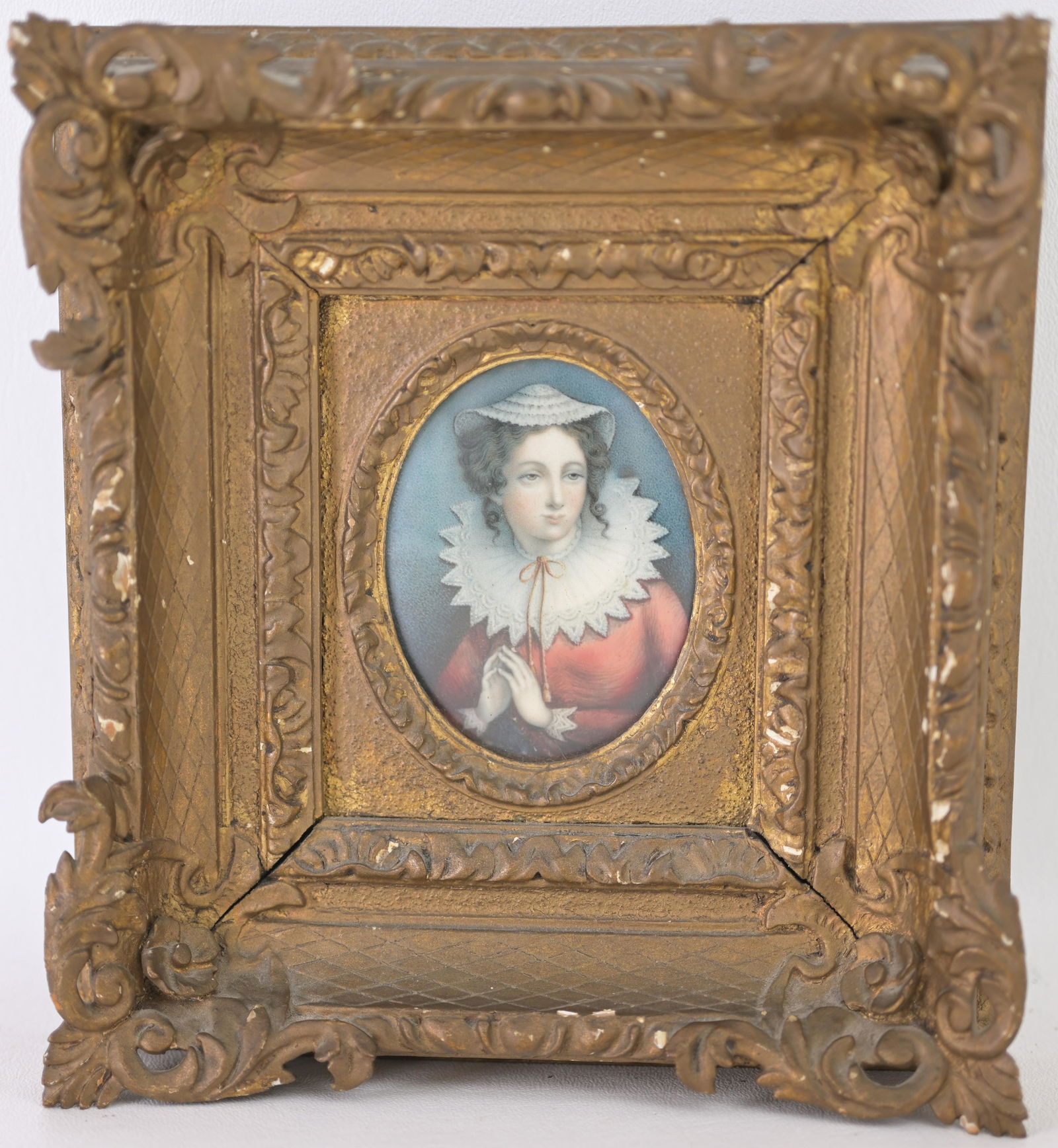 Continental School, 18th - 19th Century: Continental School, 18th - 19th Century. Miniature portrait of a young woman in high collar and with a hat Gouache on Board Sight Size: 3.25 x 2 3/8 in. Overall Framed Size: 8 x 7.5 in.