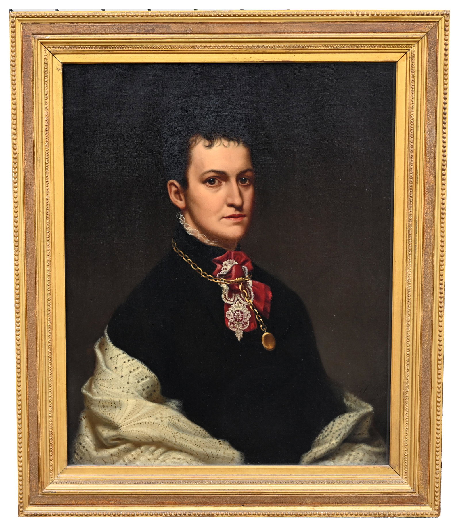 American School, 19th Century: American School, 19th Century Portrait of a Woman Signed lower right. Oil on Canvas. Sight Size: 27.5 x 22.25 in. Overall Framed Size: 33 x 28 in. (61)