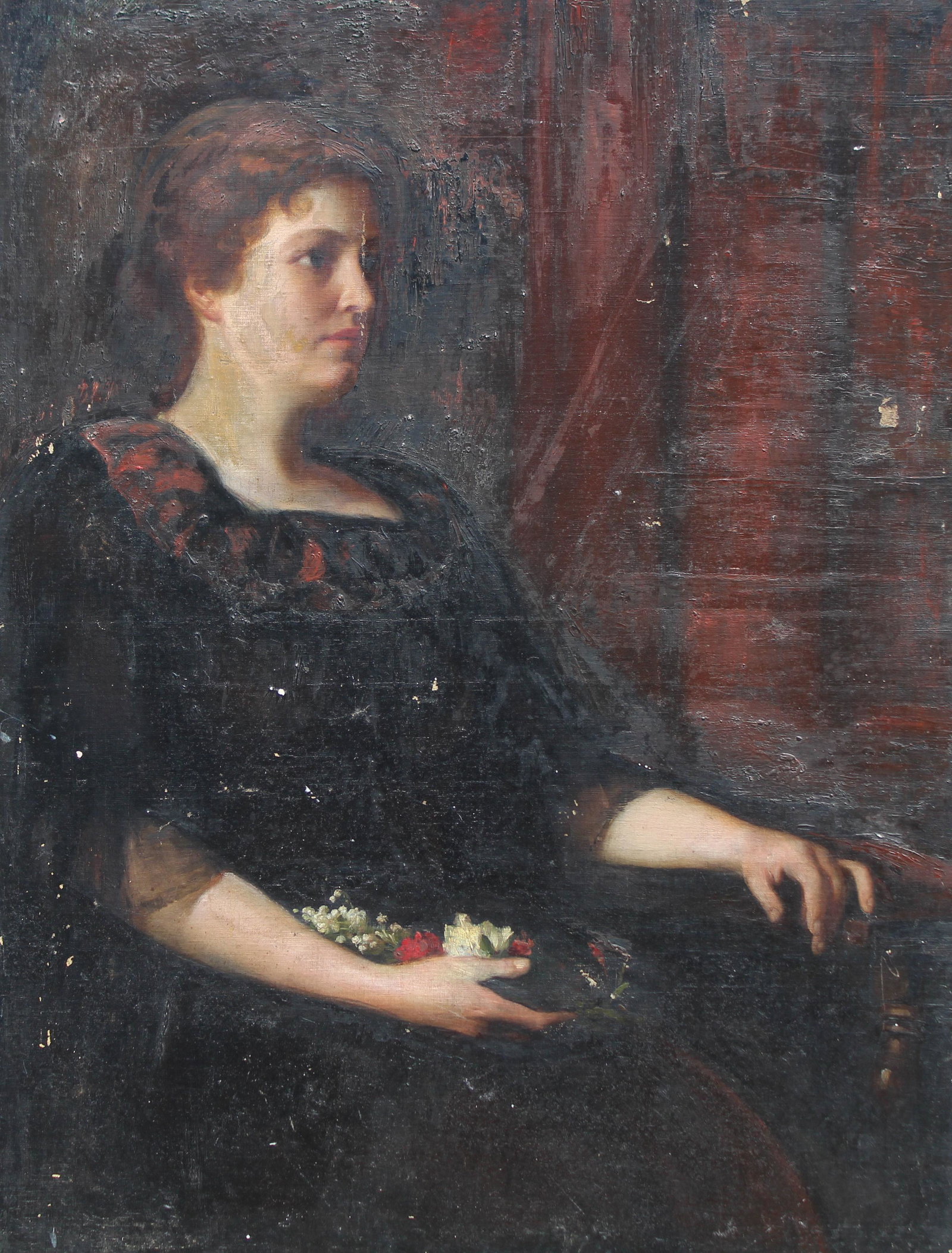 American School Painting of Seated Woman: American School Painting of Seated Woman. Oil on Canvas laid on Board. Appears to be unsigned. Size: 40 x 30 in. Unframed.
