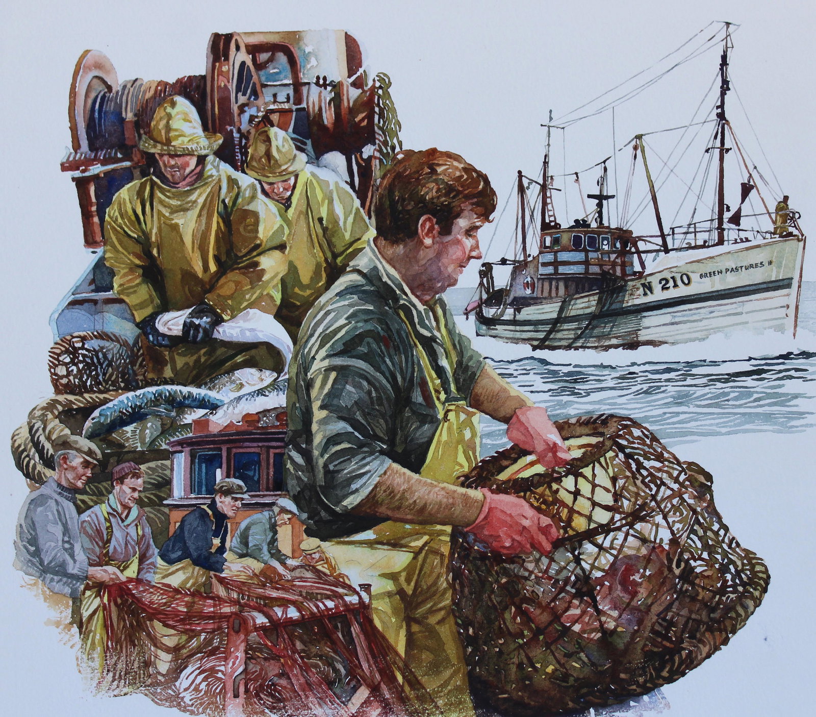 Brian Sanders (B. 1937) "Deep Sea Fishing": Brian Sanders (British, B. 1937) "Deep Sea Fishing -- Great Britain" Original Watercolor painting on Illustration Board. Provenance: Collection of James A. Helzer (1946-2008), Founder of Unicover Corp