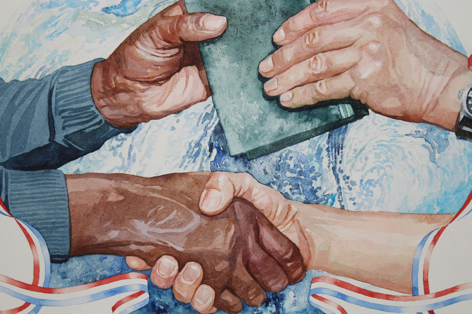 Brian Sanders (B. 1937) "Hands Sharing Book" W/C (1 of 3)
