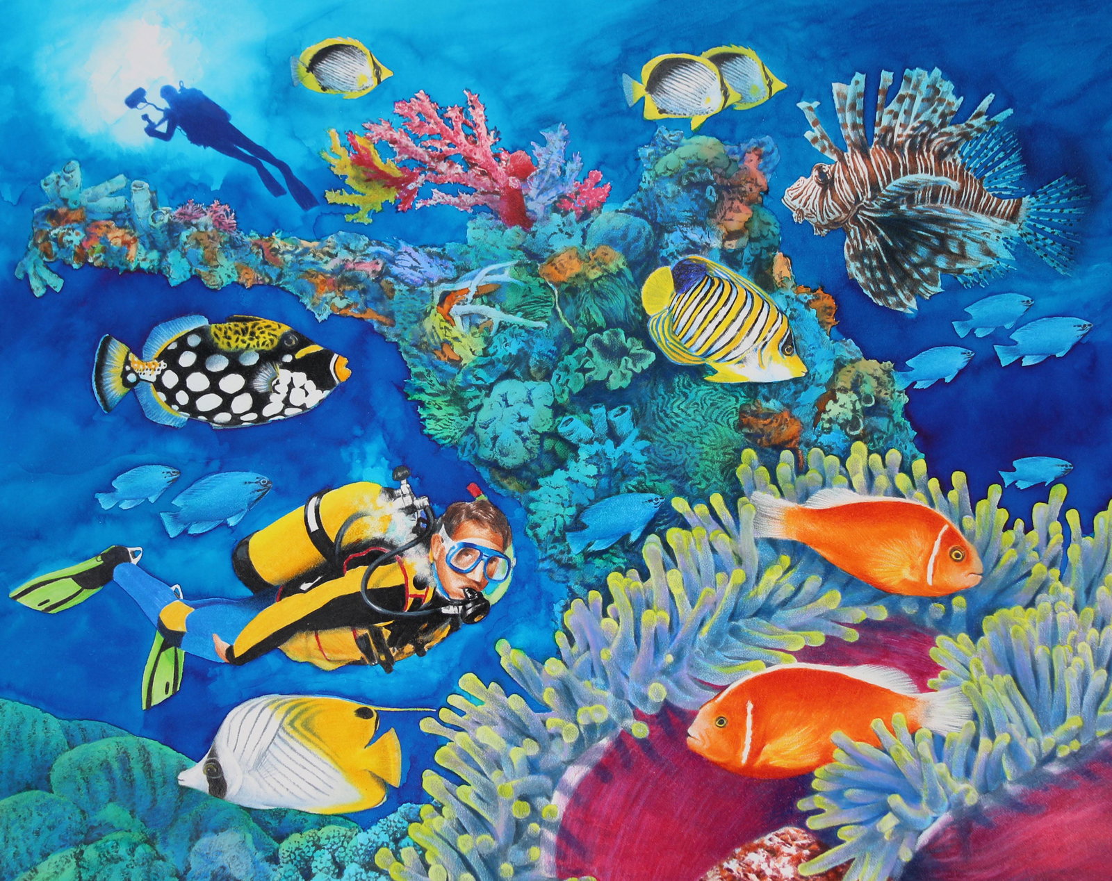 Chris Calle (B. 1961) Diver in Chuuk Lagoon: Chris Calle (American, B. 1961) "Diver in Chuuk Lagoon" Signed lower right. Original Mixed Media on Illustration Board. Provenance: Collection of James A. Helzer (1946-2008), Founder of Unicover Corpo
