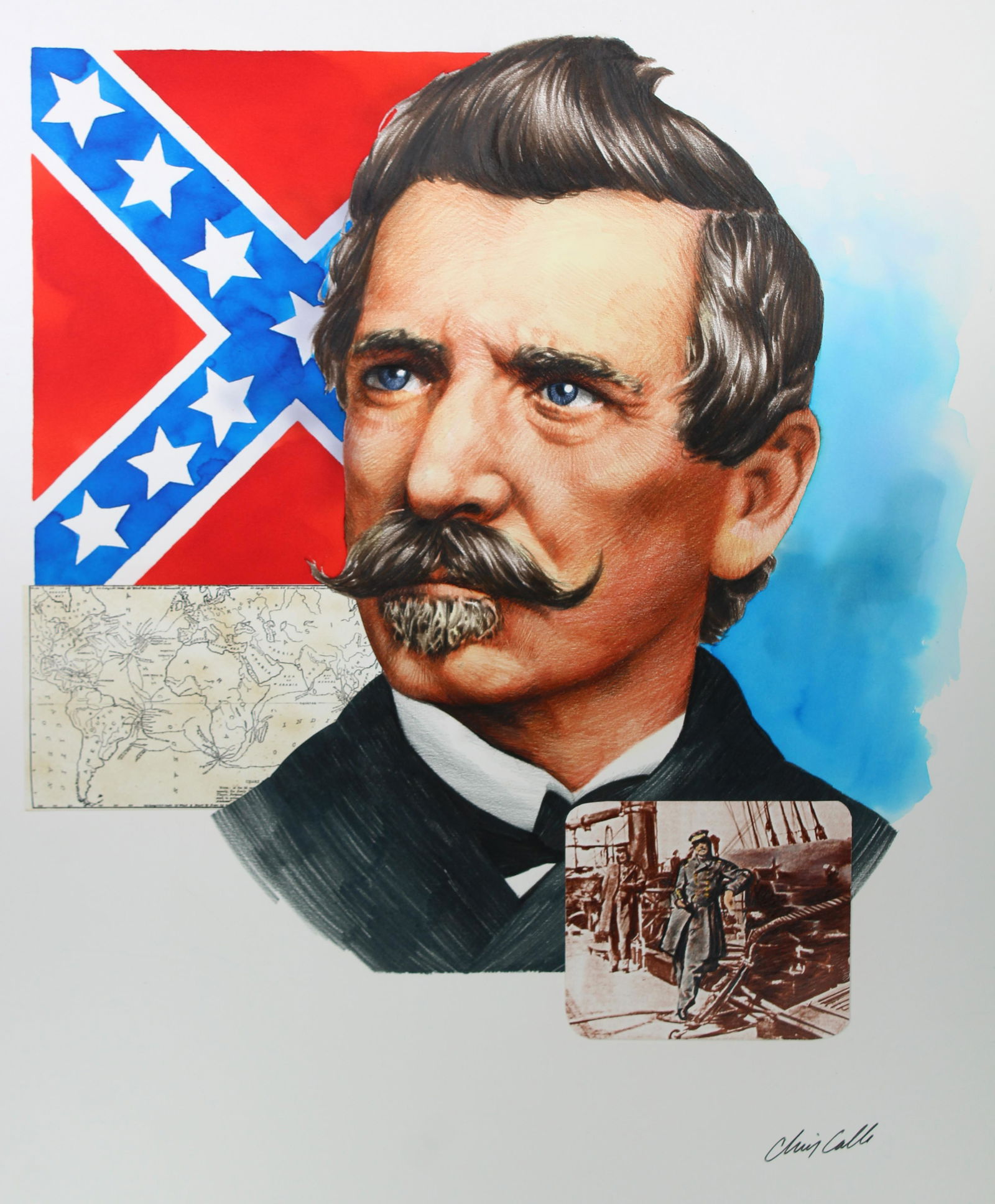 Chris Calle (B. 1961) "Raphael Semmes": Chris Calle (American, B. 1961) "Raphael Semmes" Signed lower right. Original Mixed Media on Illustration Board. Provenance: Collection of James A. Helzer (1946-2008), Founder of Unicover Corporation.