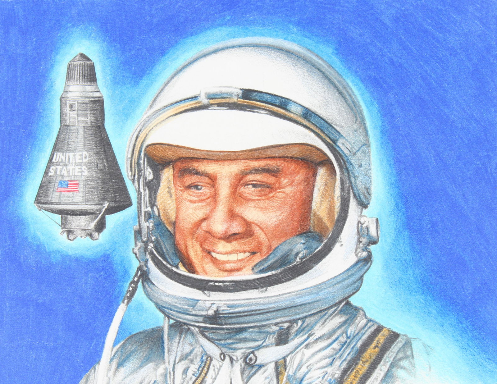 Paul Calle & Chris Calle "Grissom, Liberty Bell 7": Paul Calle (1928 - 2010) and Chris Calle (B. 1961) "Grissom, Liberty Bell 7 - July 21, 1961" Signed lower right. Original Mixed Media on Illustration Board. Provenance: Collection of James A. Helzer (