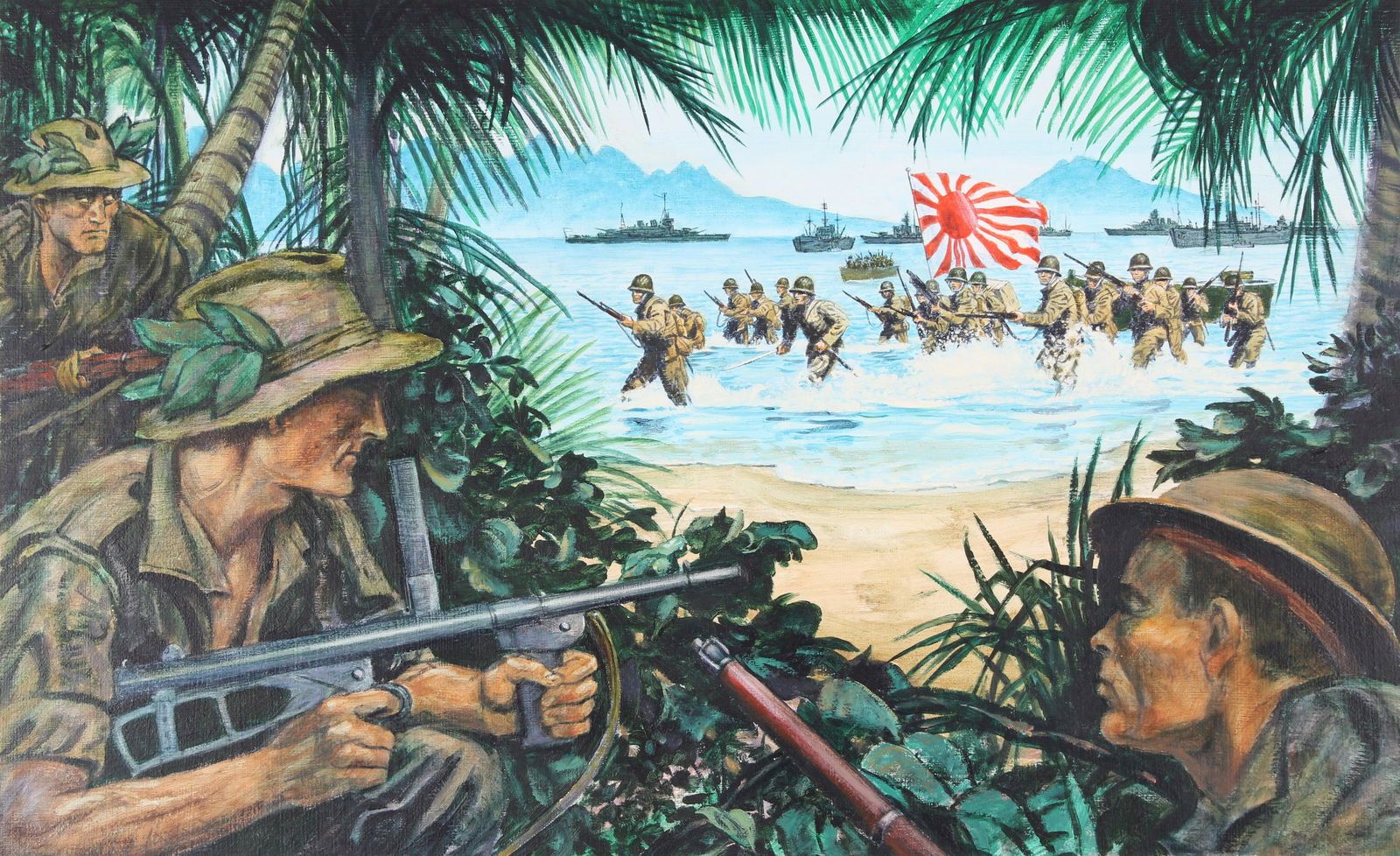 David Stone (1922-2001) "Japanese Land", Original: David K Stone (Oregon, 1922 - 2001) "Japanese Land on New Guinea" Signed lower right. Original Oil painting on Masonite. Provenance: Collection of James A. Helzer (1946-2008), Founder of Unicover Corp