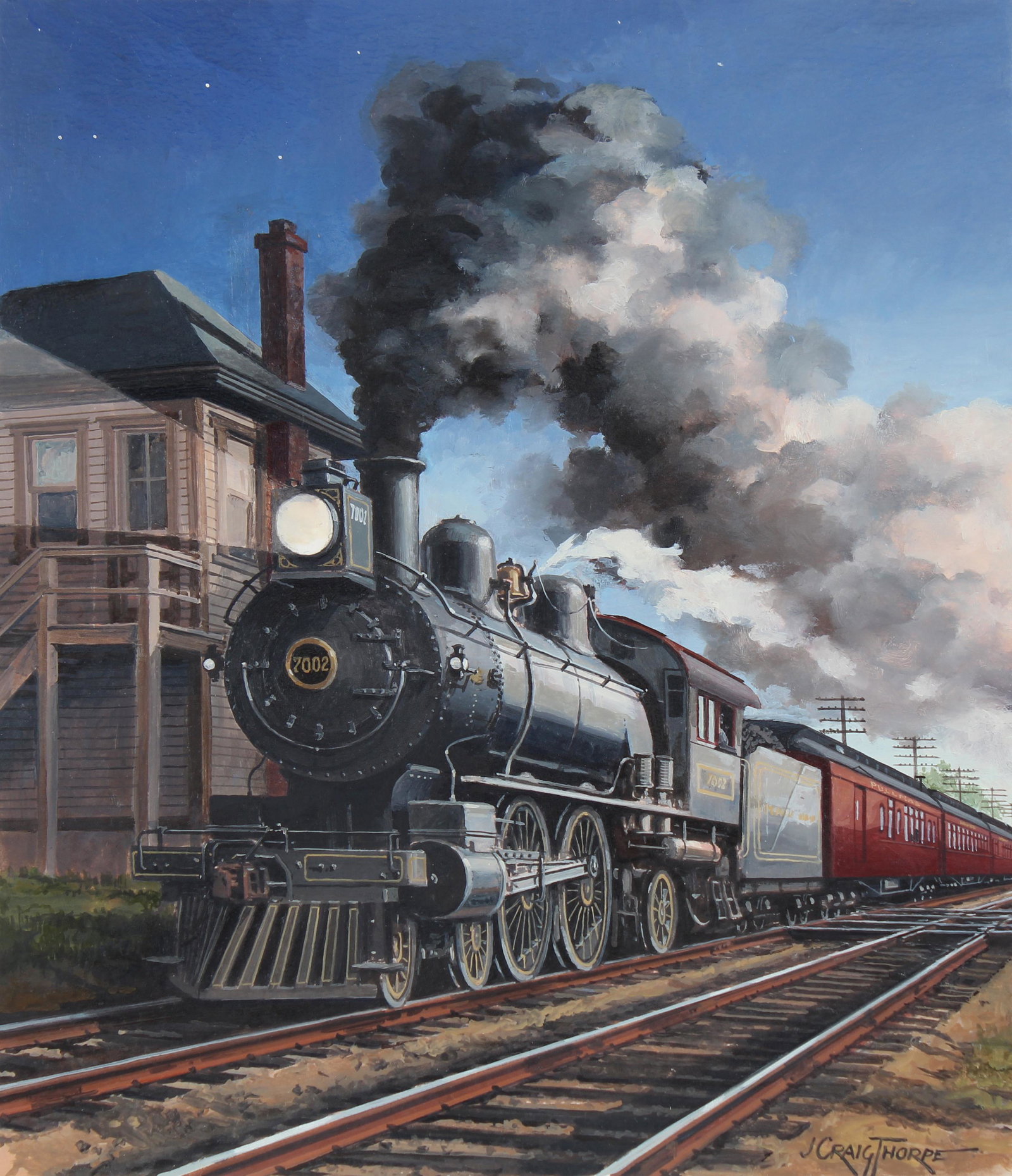 J. Craig Thorpe (B. 1948) "Ohio Locomotive": J. Craig Thorpe (American, B. 1948) "Ohio Locomotive" Signed lower right. Original Oil painting on Paper. Provenance: Collection of James A. Helzer (1946-2008), Founder of Unicover Corporation. This p