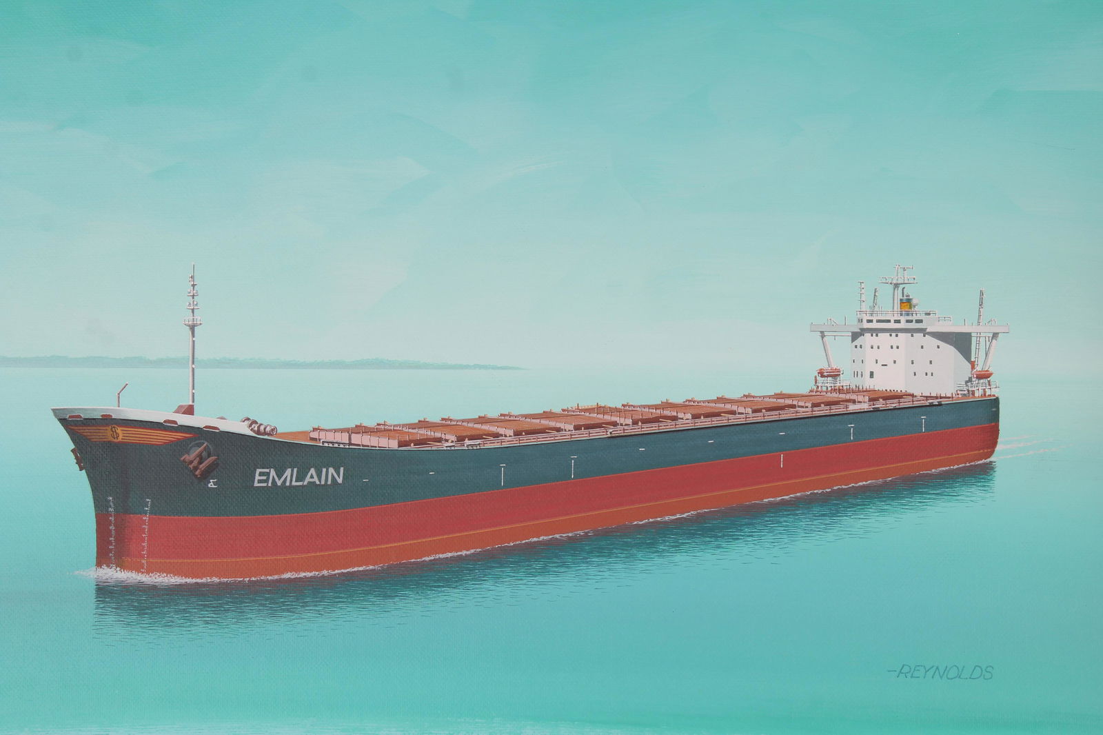 Keith Reynolds (B. 1929) "Emlain Cargo Freighter": Keith Reynolds (American, B. 1929) "Emlain Cargo Freighter" Signed lower right. Original Oil painting on Canvasboard. Provenance: Collection of James A. Helzer (1946-2008), Founder of Unicover Corpora
